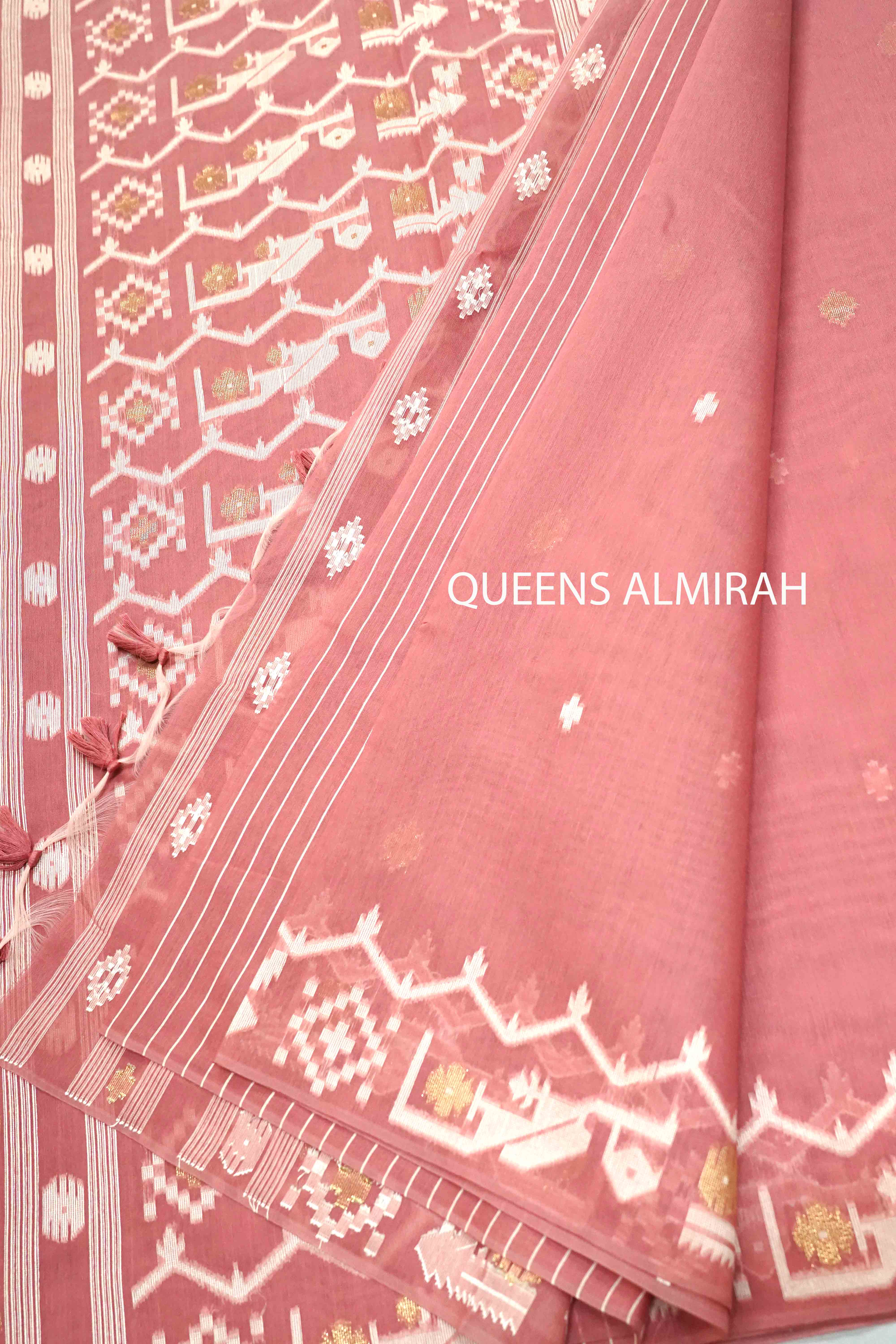 DUSKY PINK JAMDANI COTTON SAREE - Queens Jewel Emporium