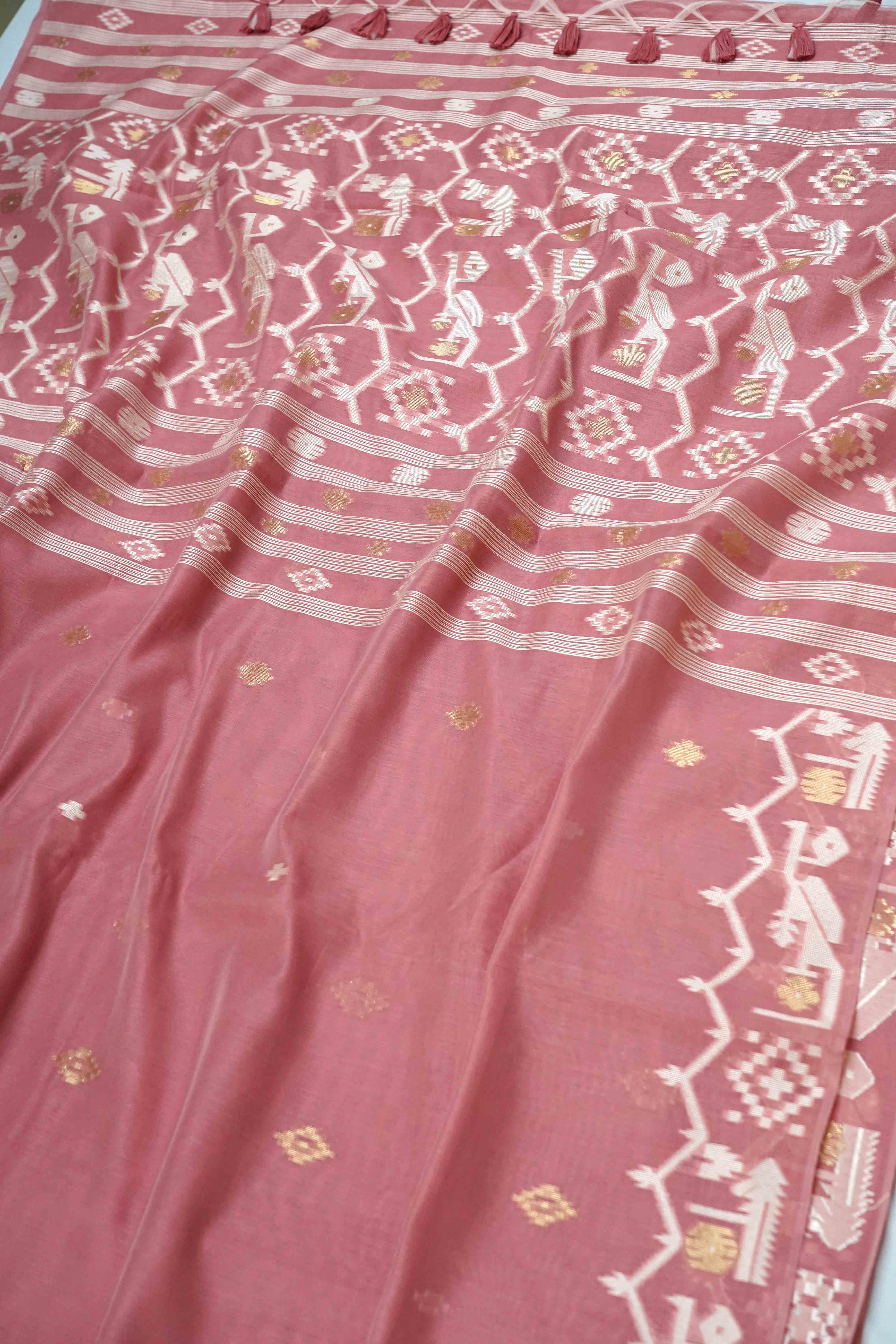 DUSKY PINK JAMDANI COTTON SAREE - Queens Jewel Emporium