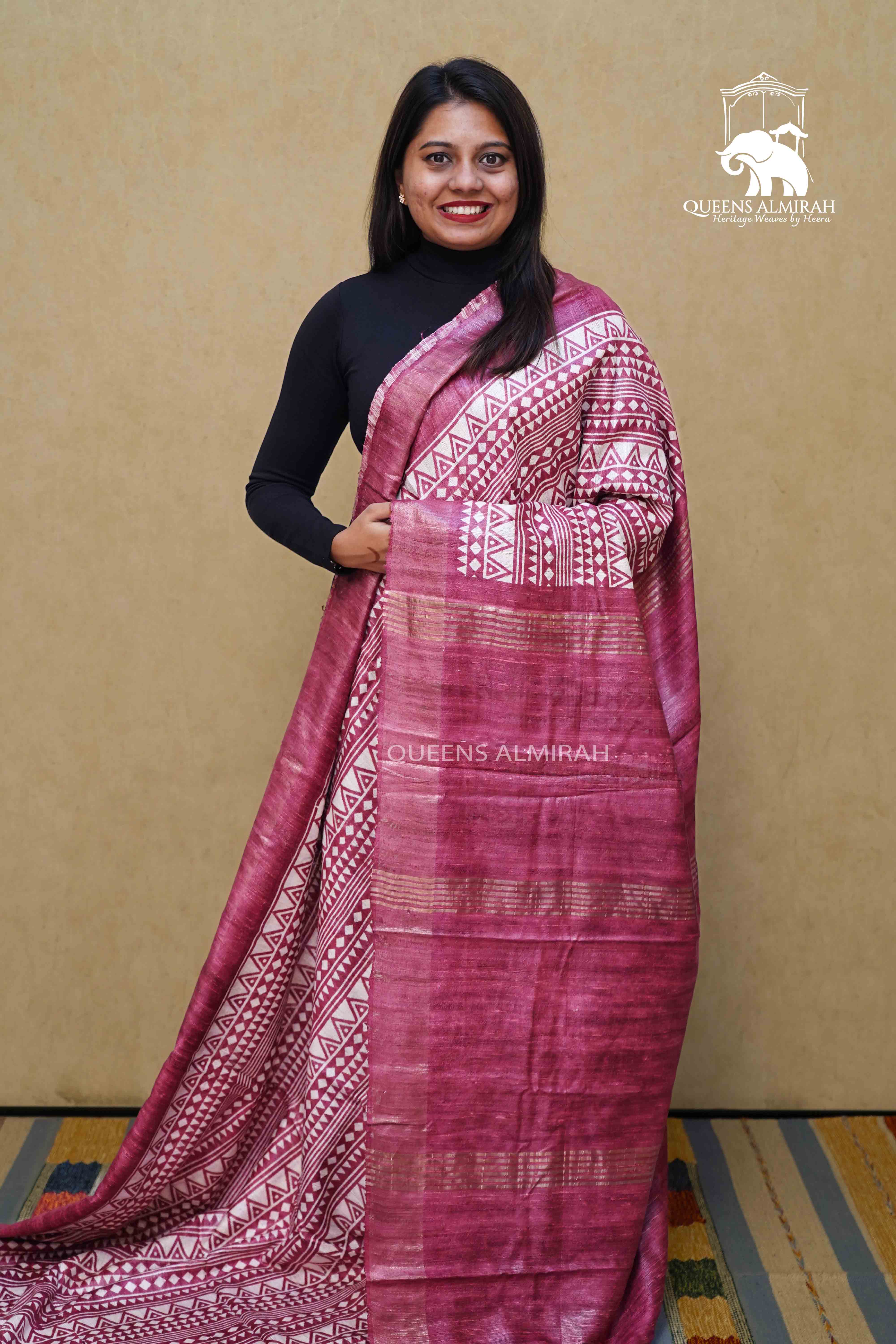 DUSKY PURPLE GHICHA TUSSAR SILK SAREE - Queens Jewel Emporium
