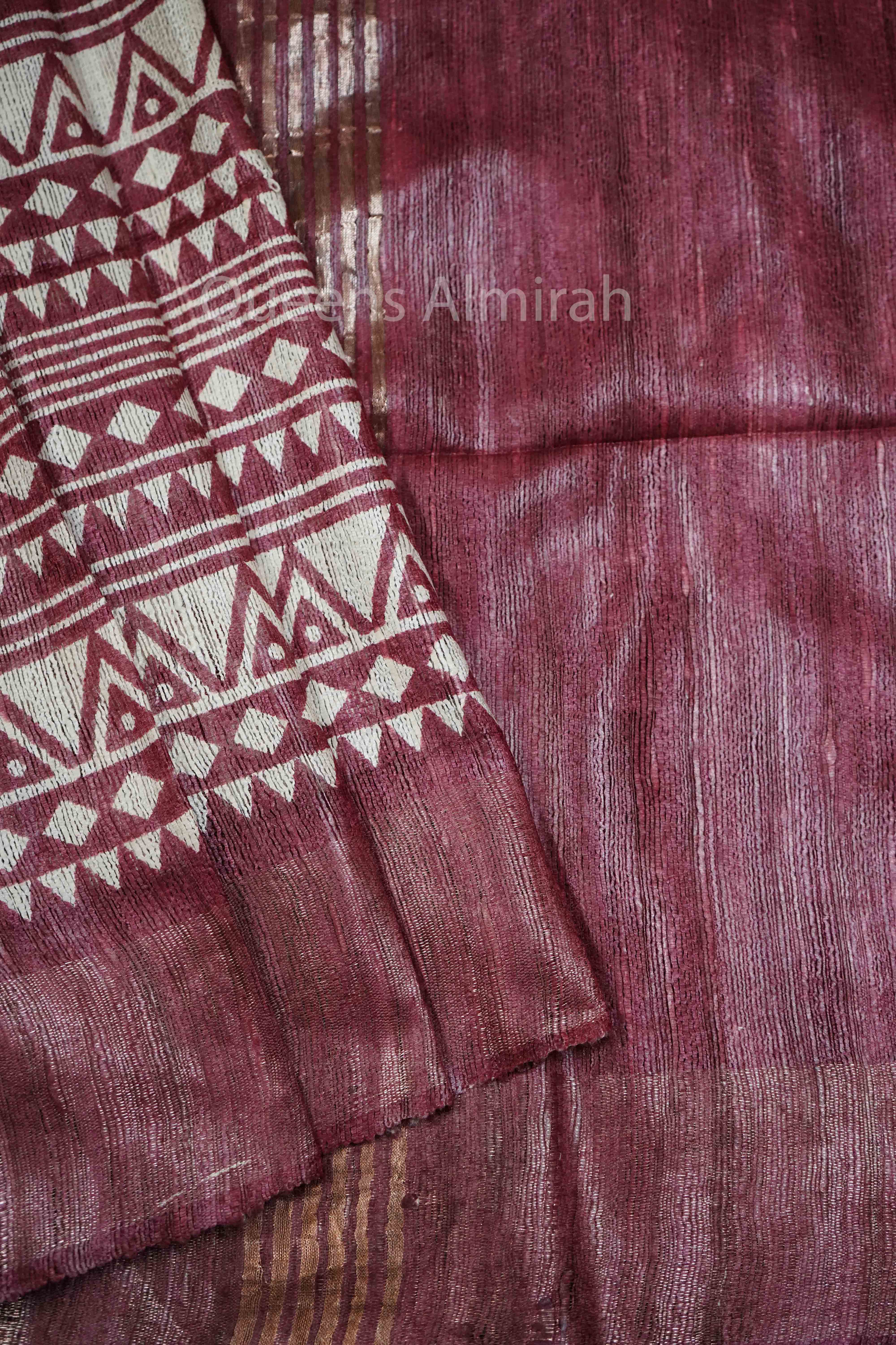 DUSKY PURPLE GHICHA TUSSAR SILK SAREE - Queens Jewel Emporium