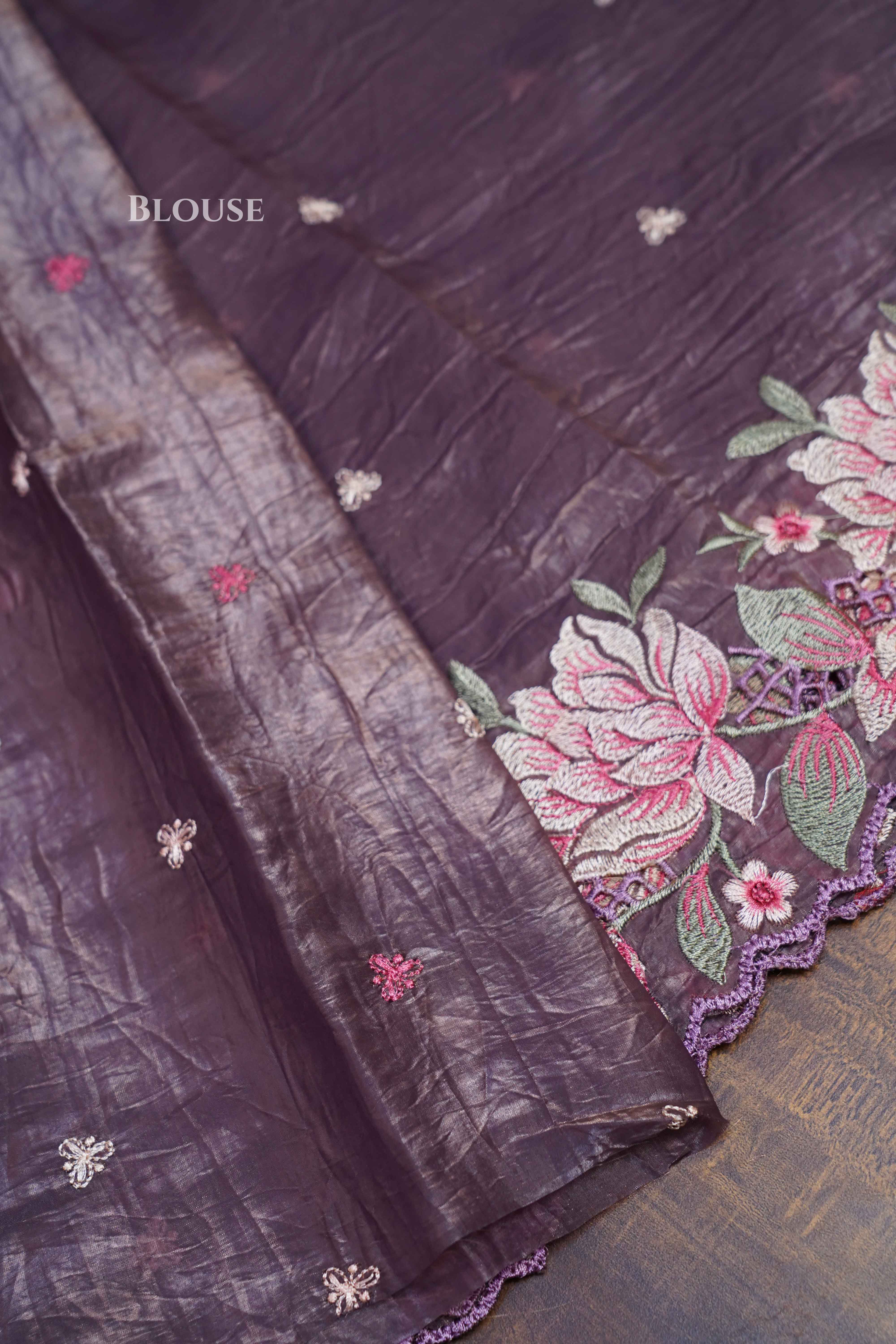 DUSKY PURPLE GLASS TISSUE SAREE - Queens Jewel Emporium