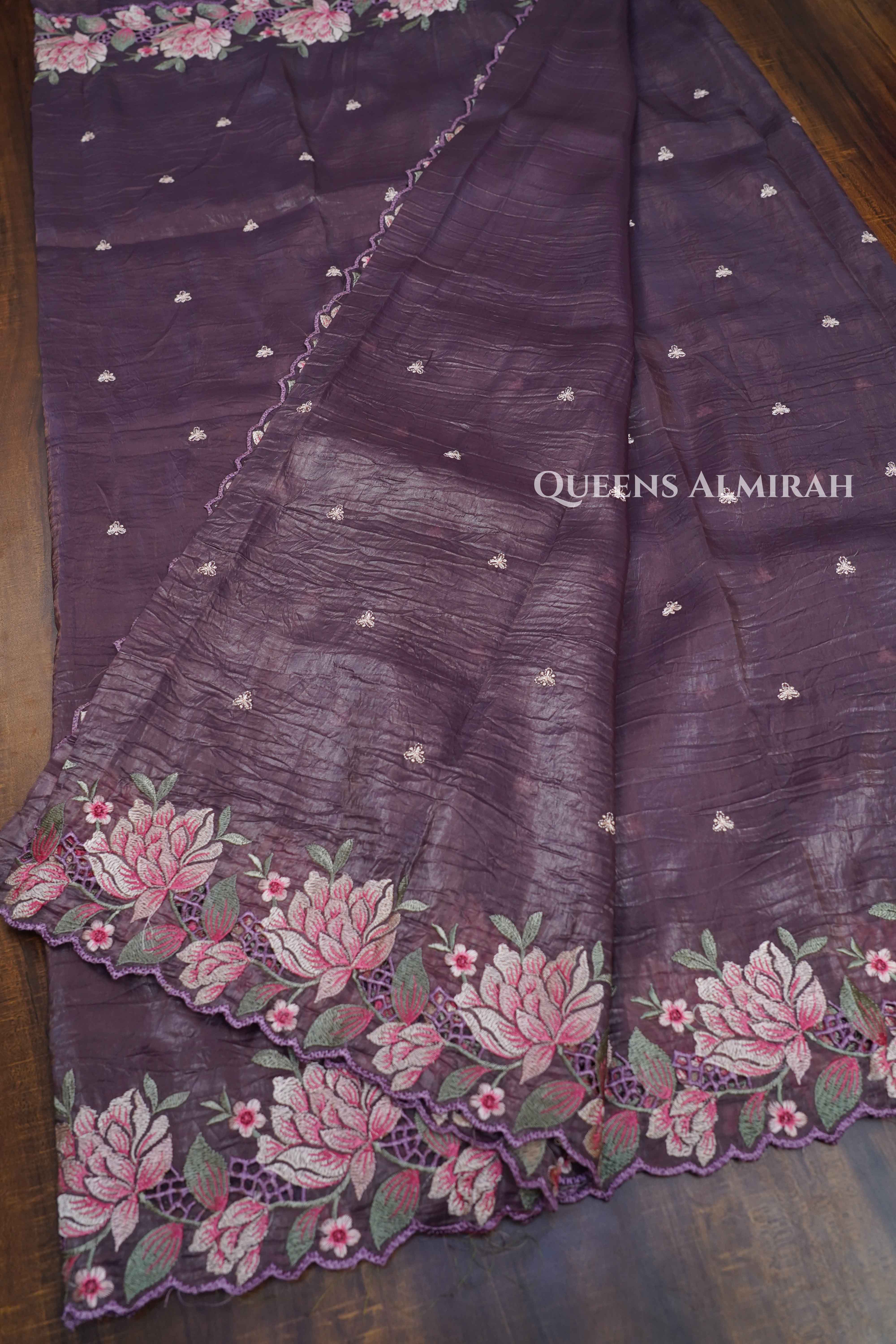 DUSKY PURPLE GLASS TISSUE SAREE - Queens Jewel Emporium