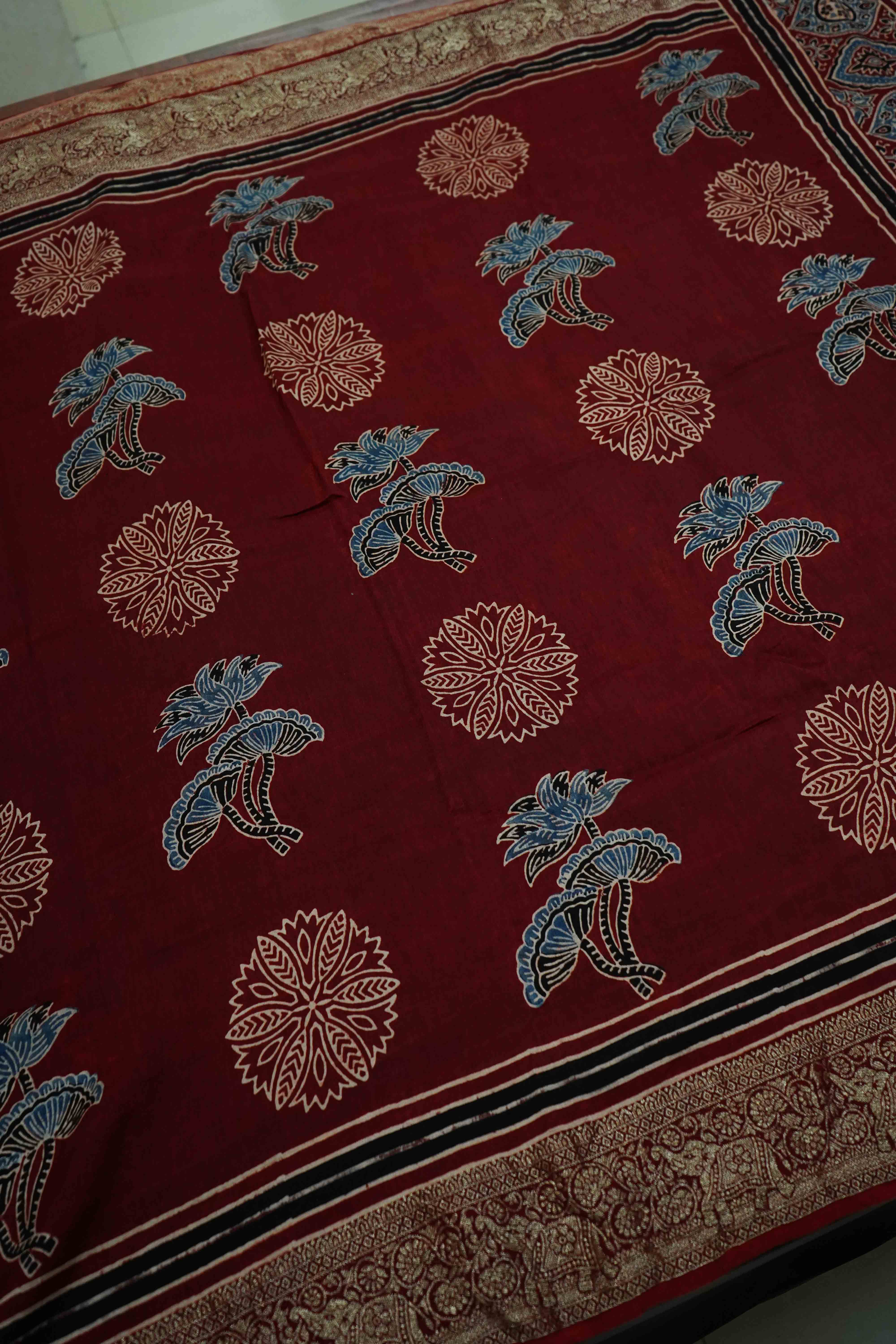 DUSTY RED DOLA AJARAKH SILK SAREE - Queens Jewel Emporium
