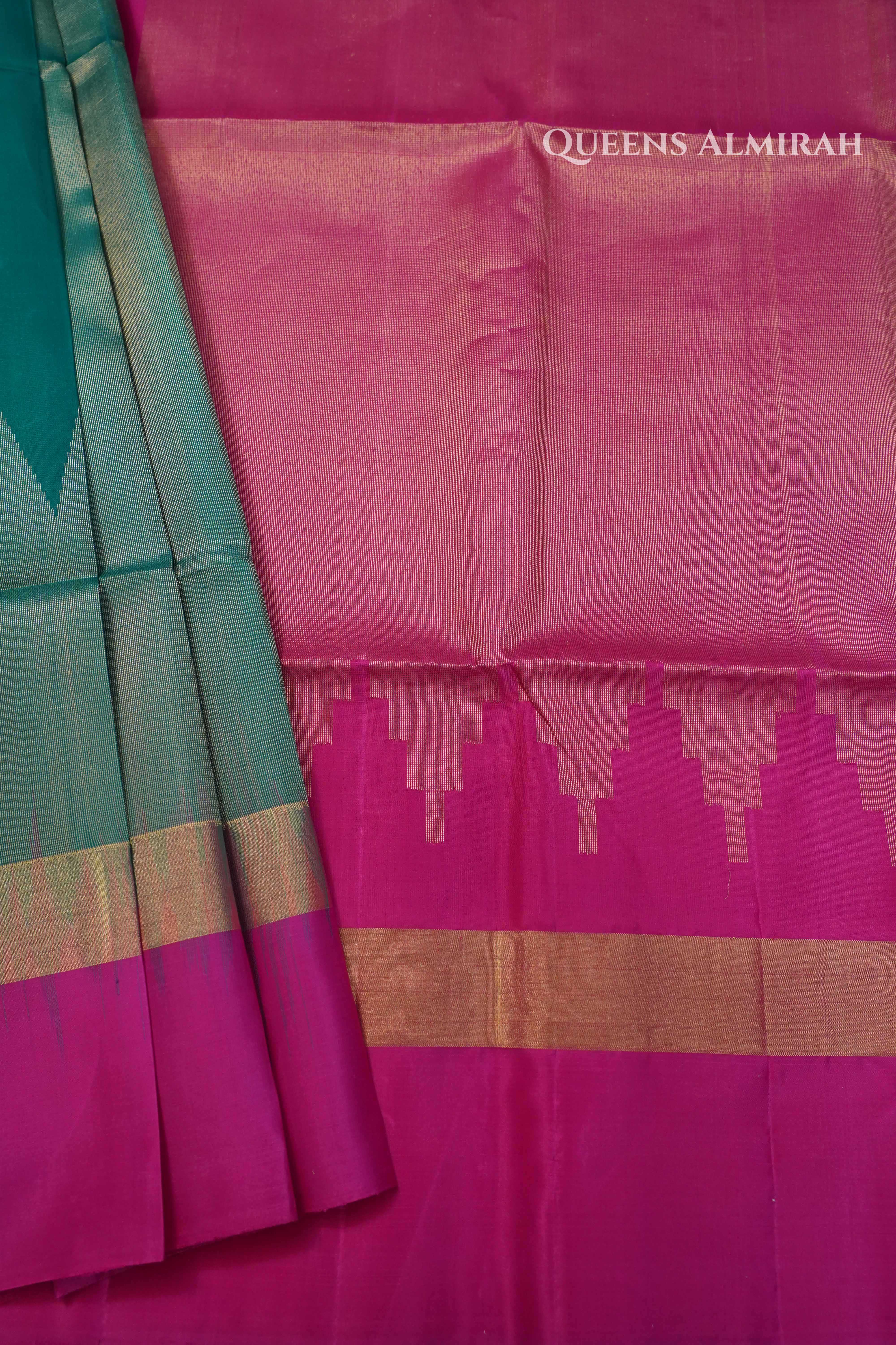 Dark Aqua Blue With Pink Pure Soft Silk Saree QUEENS ALMIRAH