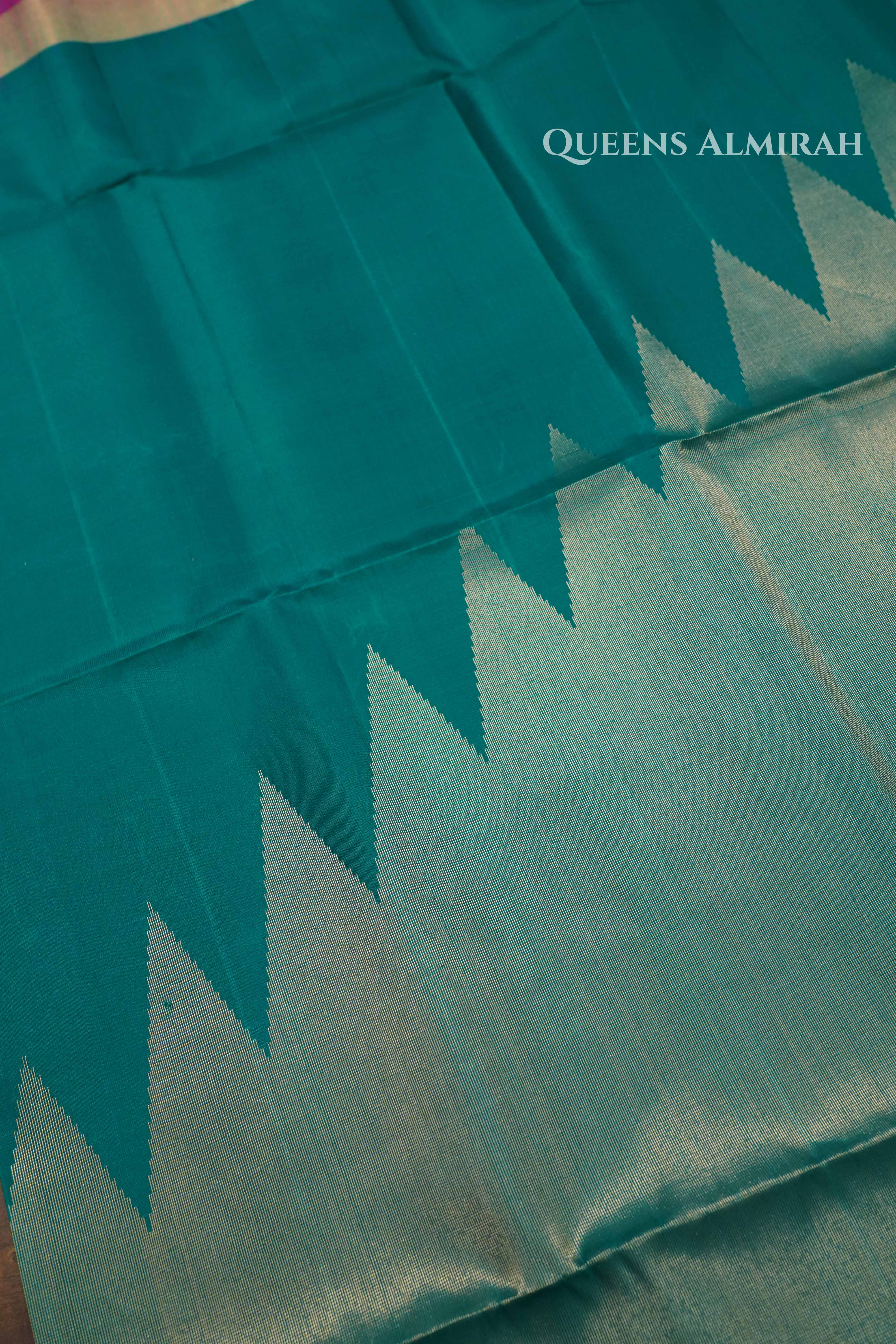 Dark Aqua Blue With Pink Pure Soft Silk Saree QUEENS ALMIRAH