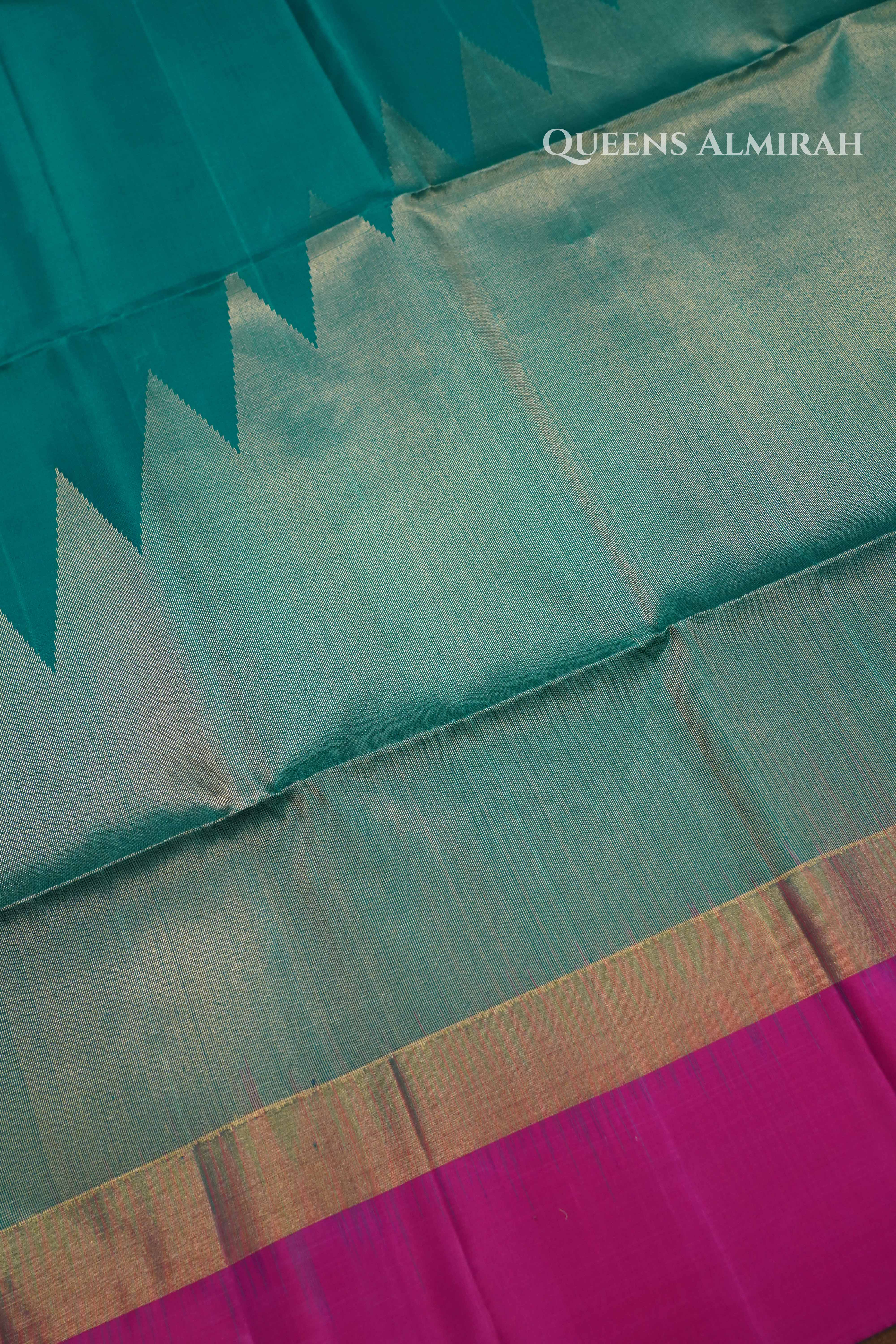 Dark Aqua Blue With Pink Pure Soft Silk Saree QUEENS ALMIRAH