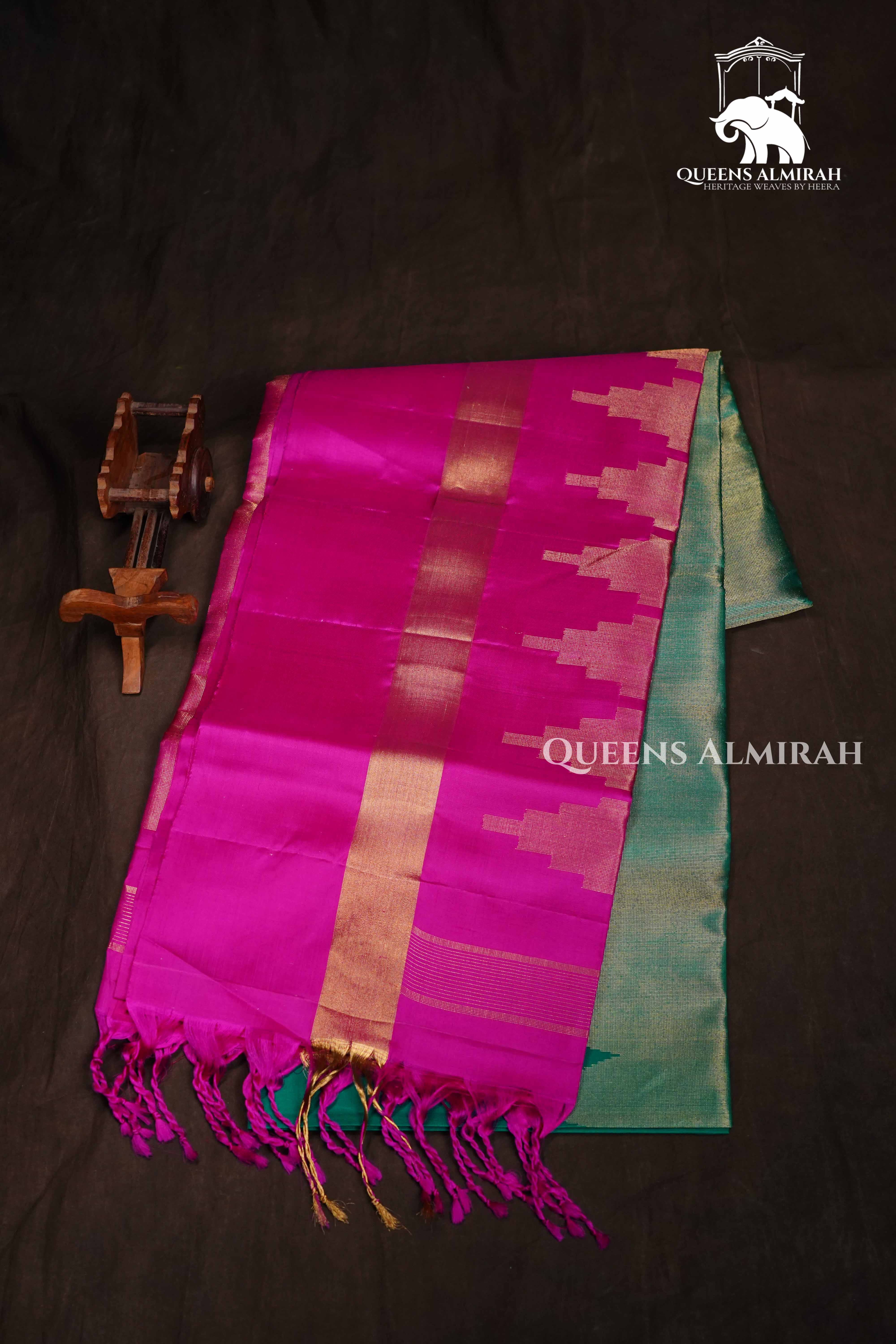 Dark Aqua Blue With Pink Pure Soft Silk Saree QUEENS ALMIRAH