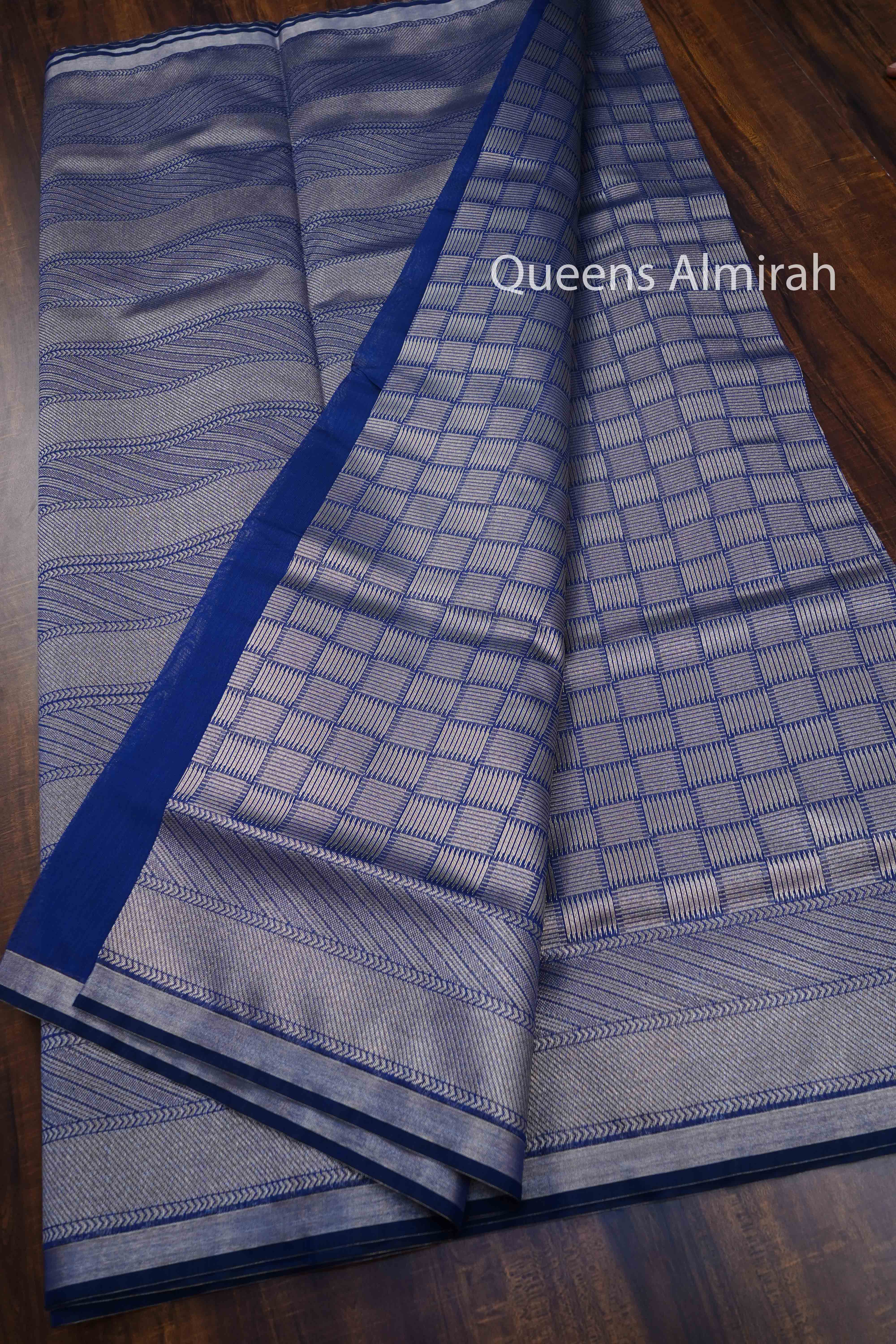 DARK BLUE GREY SILK COTTON SAREE - Queens Jewel Emporium