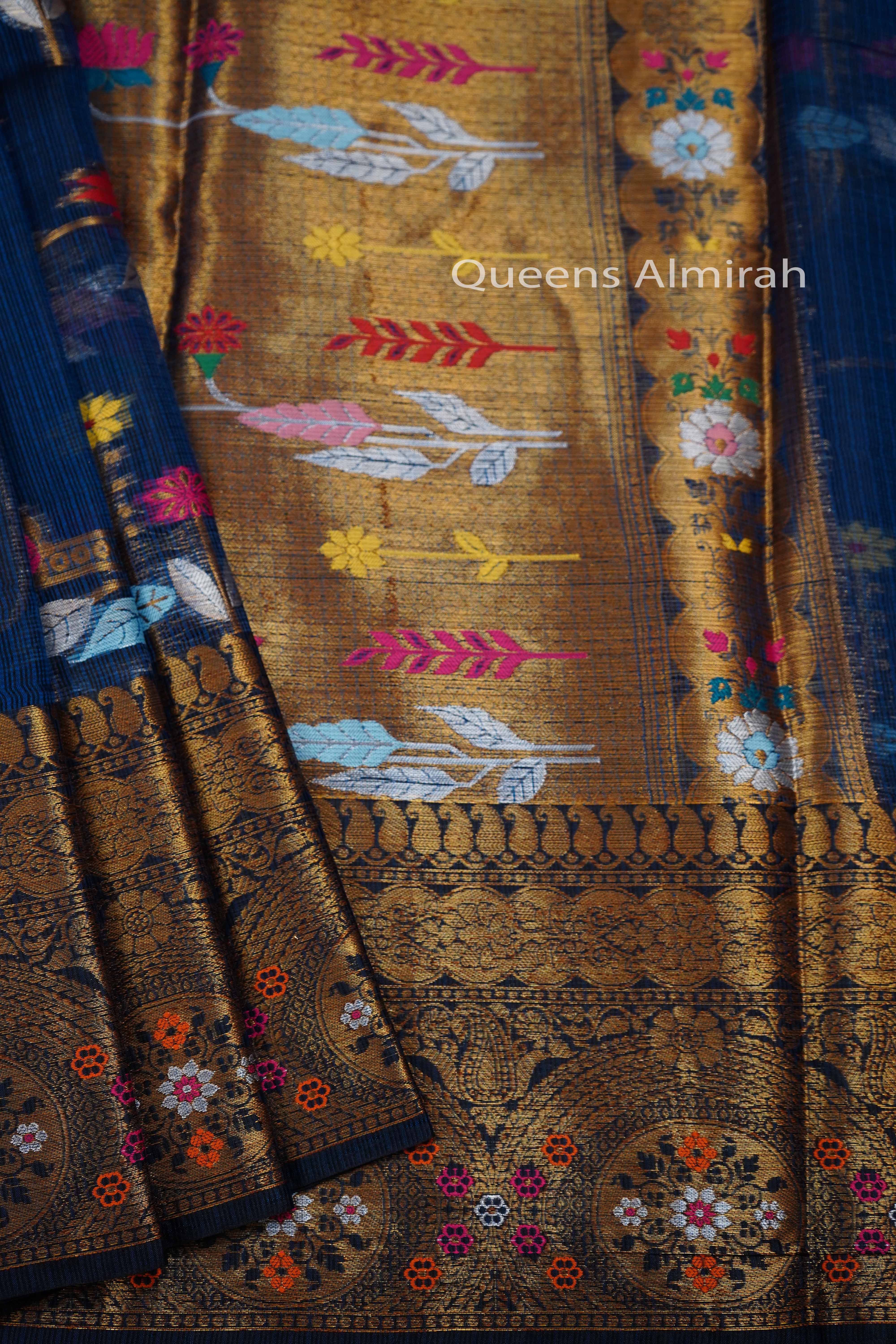 DARK BLUE GREY PURE KOTA SILK SAREE - Queens Jewel Emporium