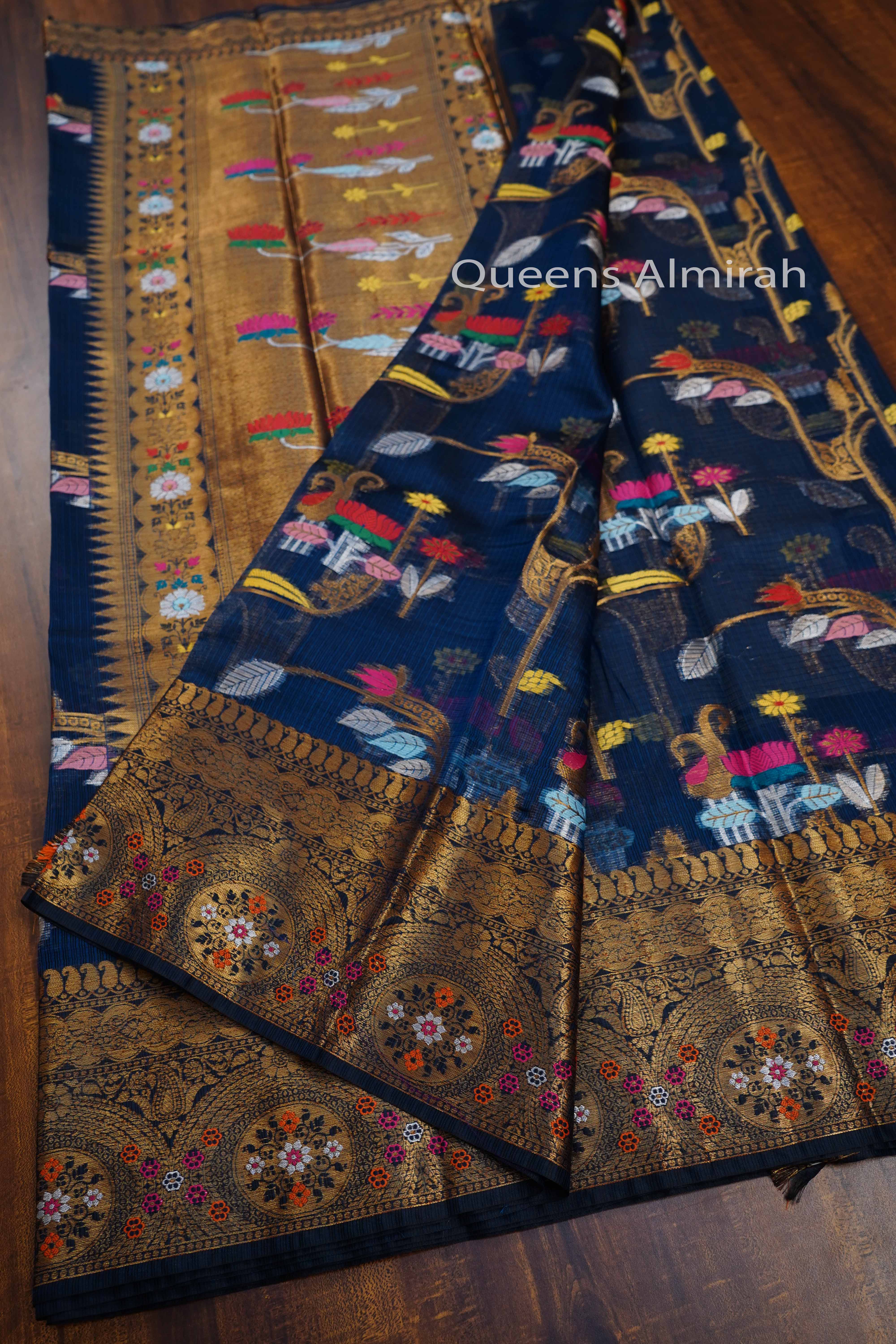 DARK BLUE GREY PURE KOTA SILK SAREE - Queens Jewel Emporium
