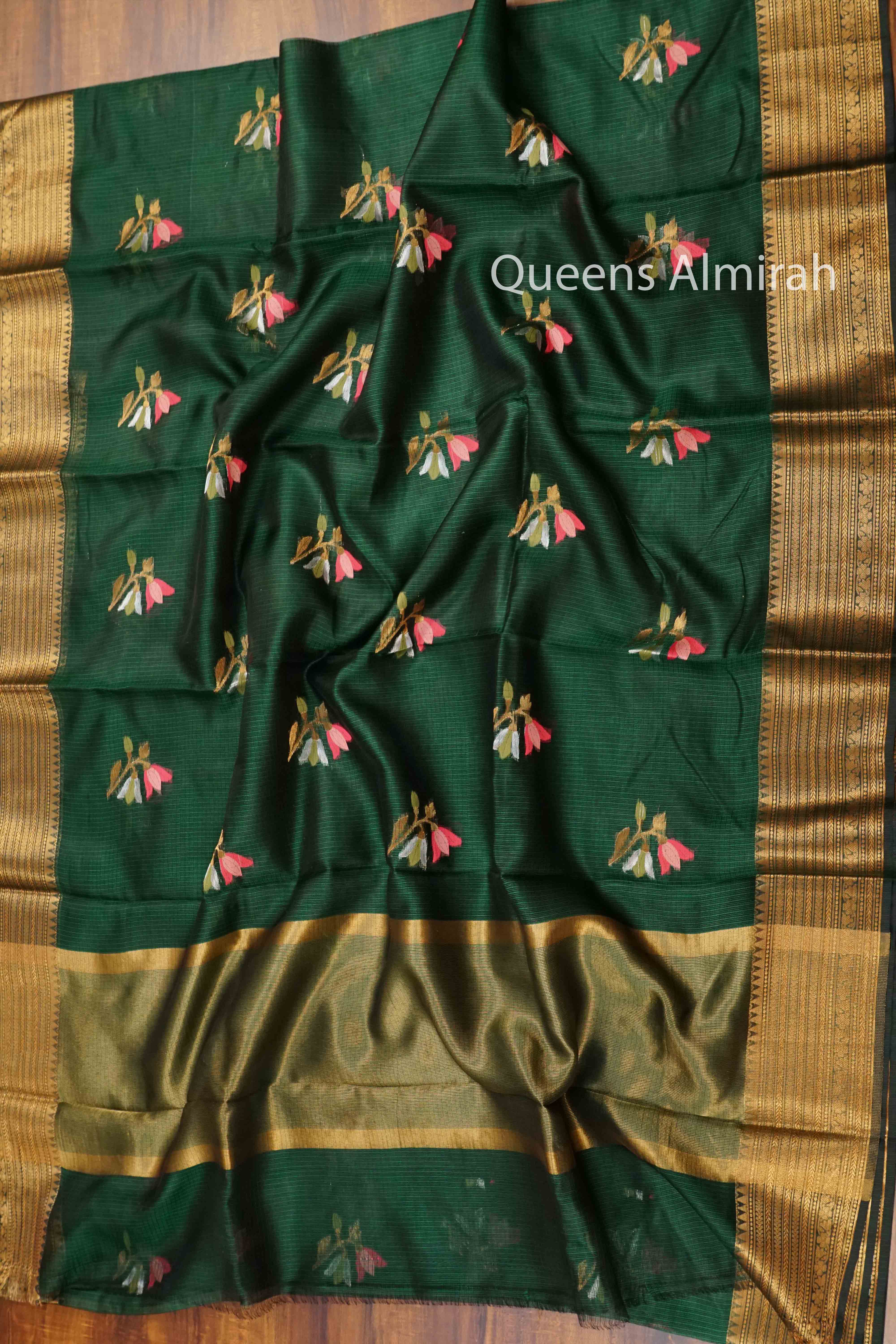 DARK GREEN KOTA SILK SAREE - Queens Jewel Emporium