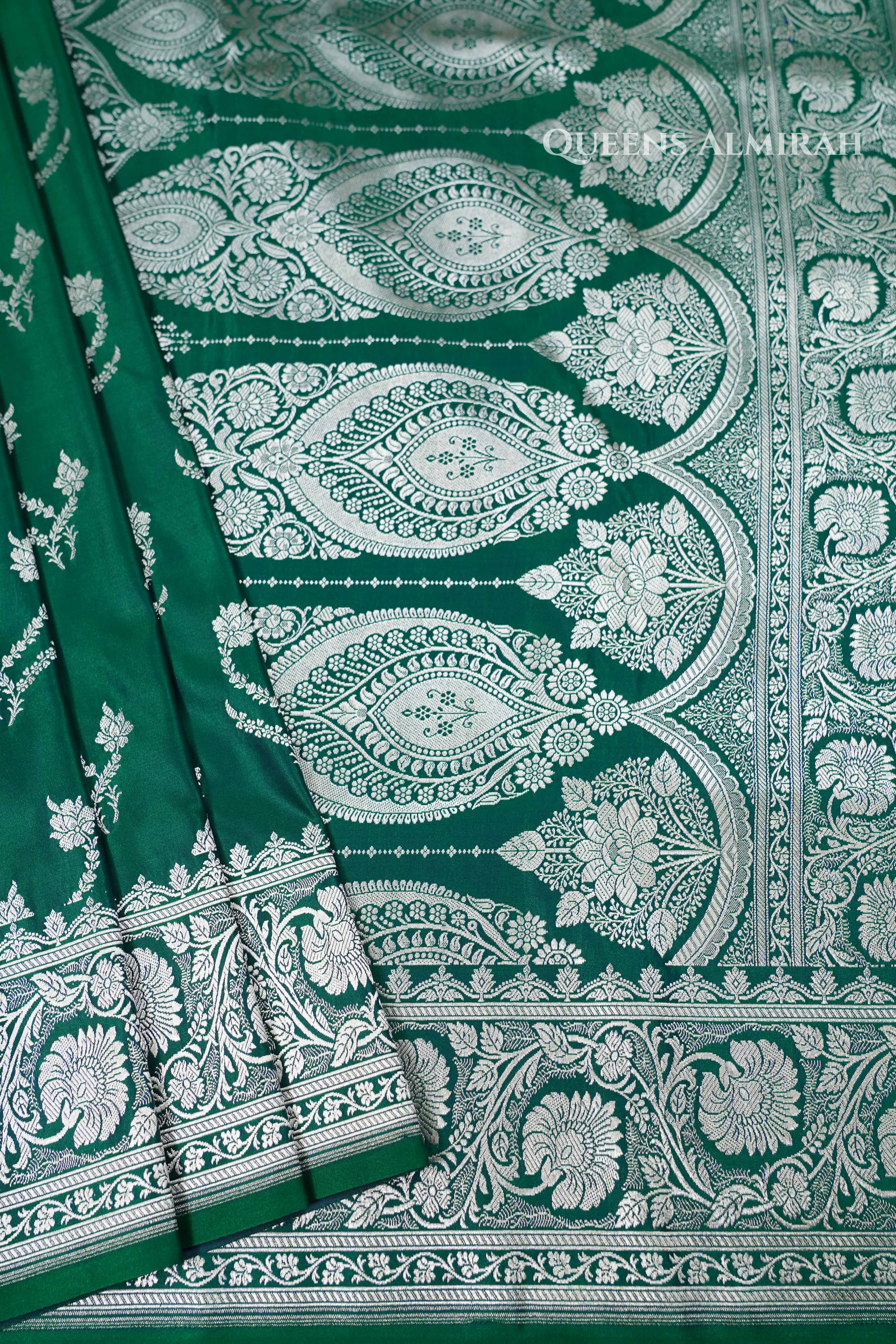 Dark Green Mushru  Banarasi Silk Saree QUEENS ALMIRAH