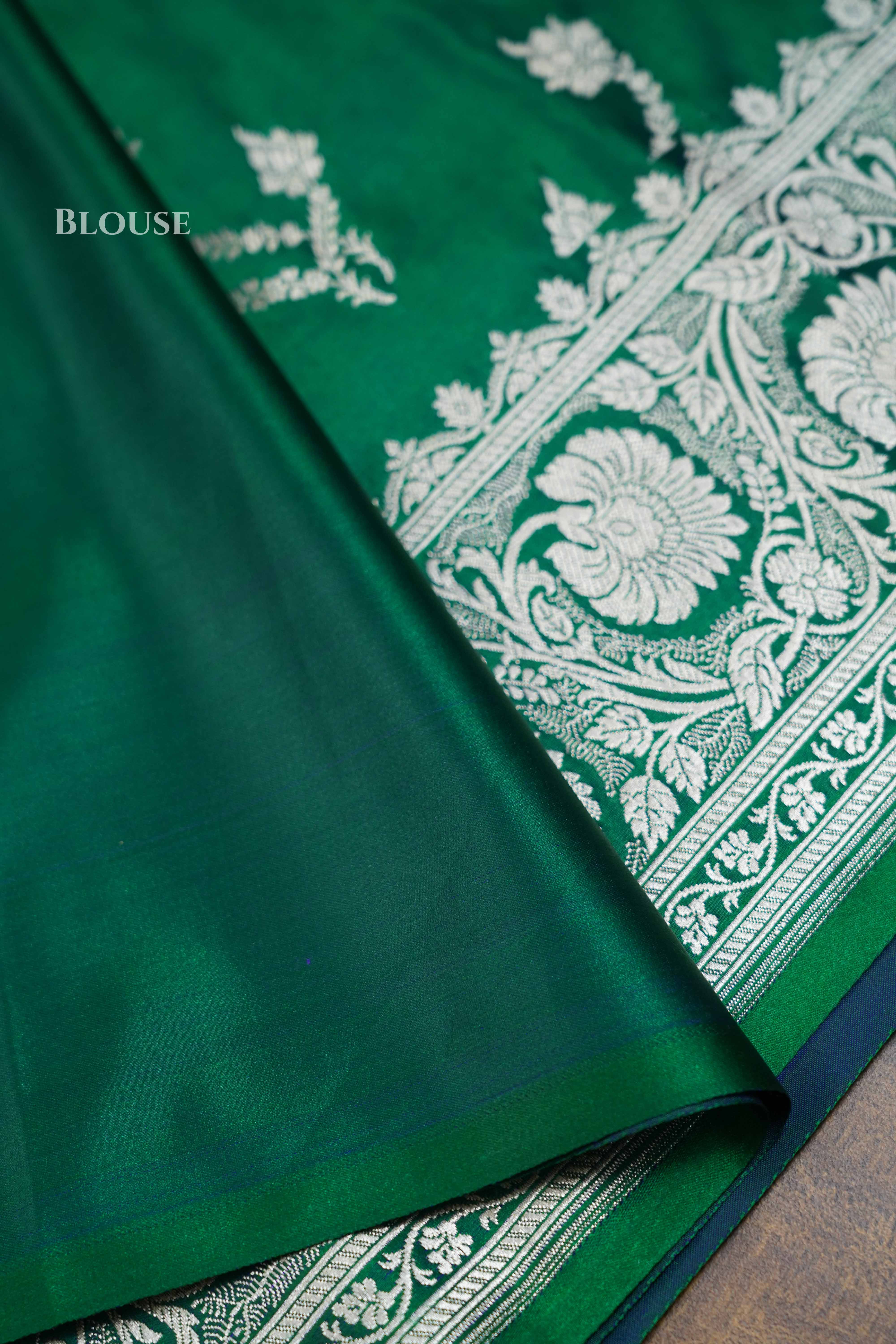 Dark Green Mushru  Banarasi Silk Saree QUEENS ALMIRAH