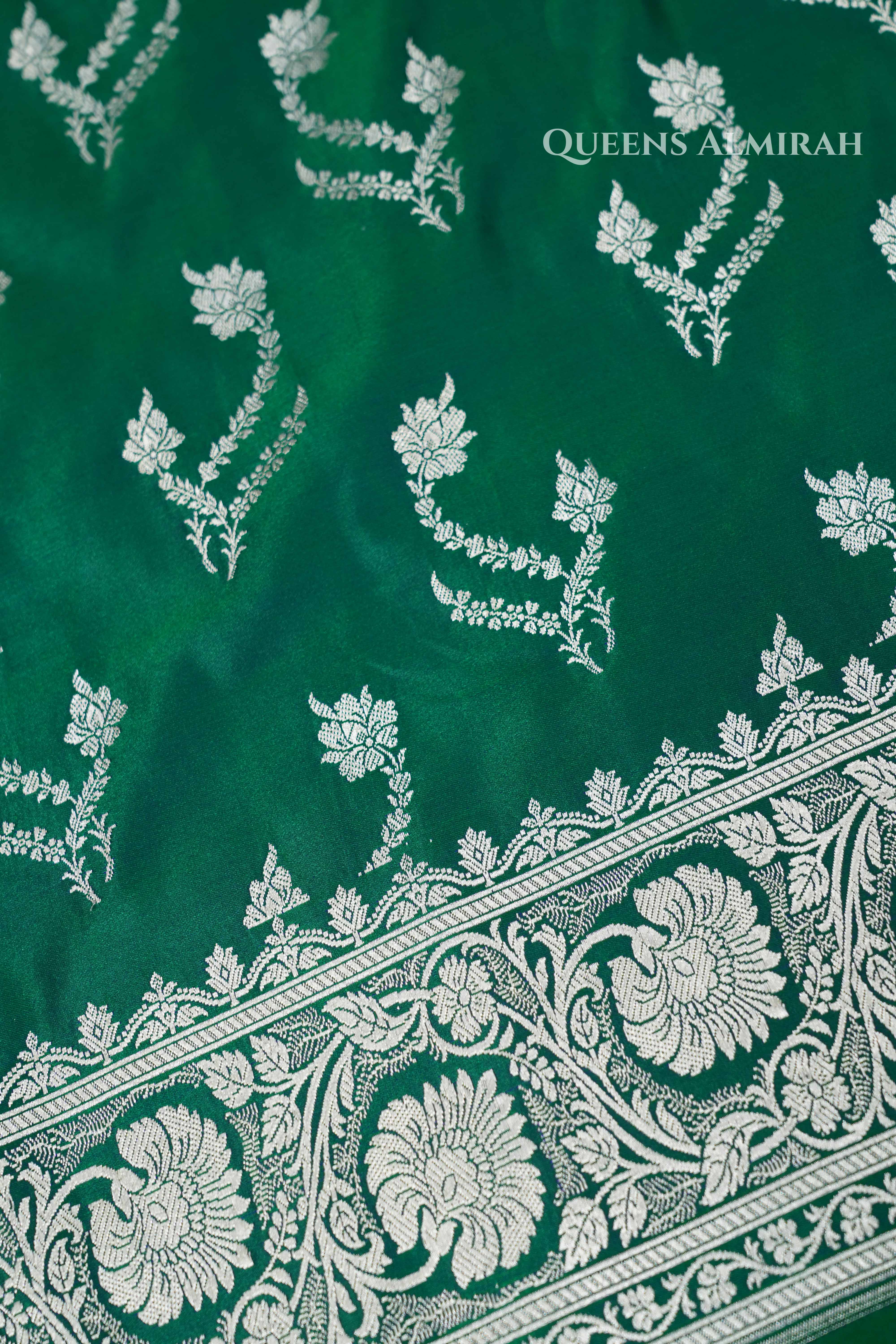 Dark Green Mushru  Banarasi Silk Saree QUEENS ALMIRAH
