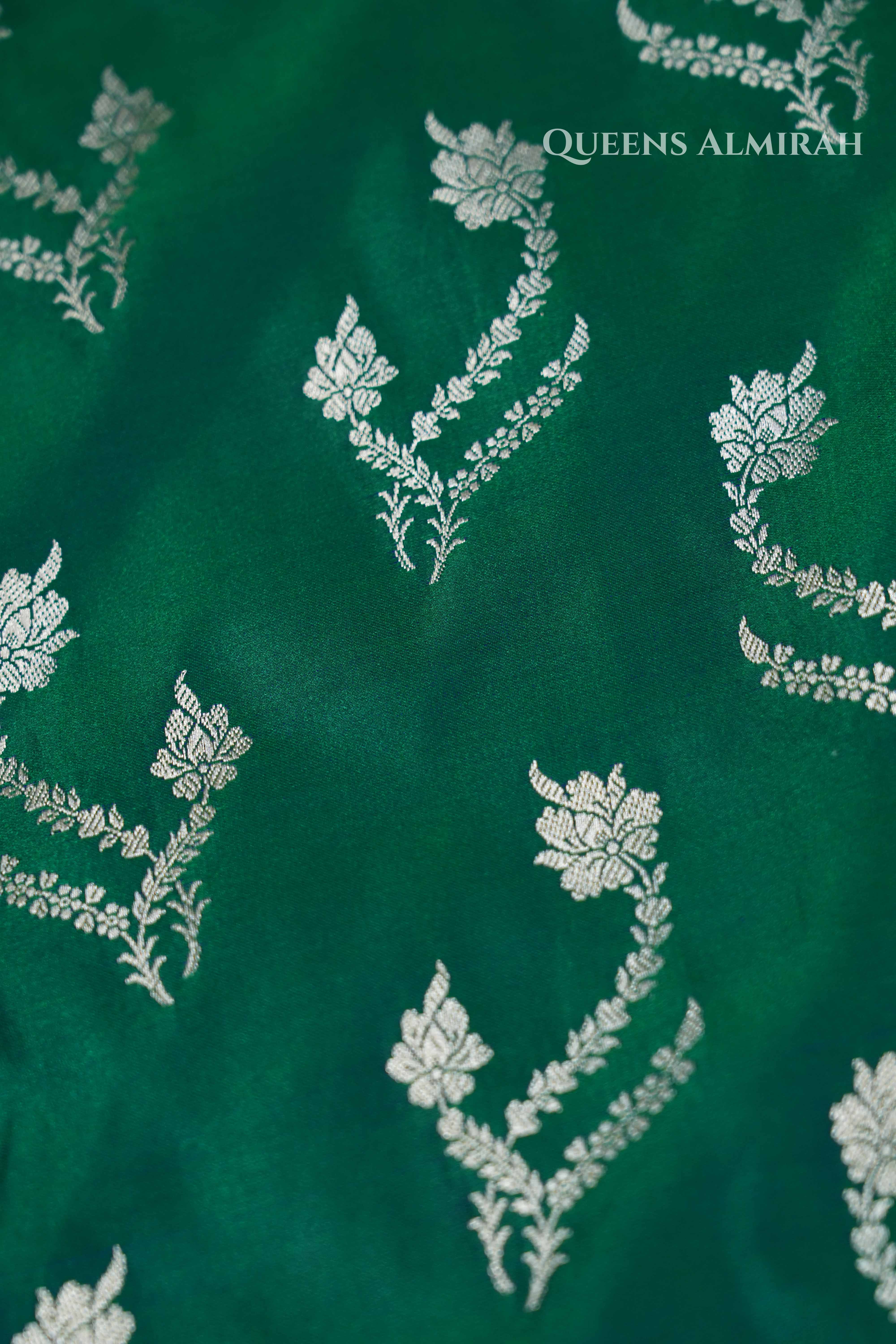 Dark Green Mushru  Banarasi Silk Saree QUEENS ALMIRAH