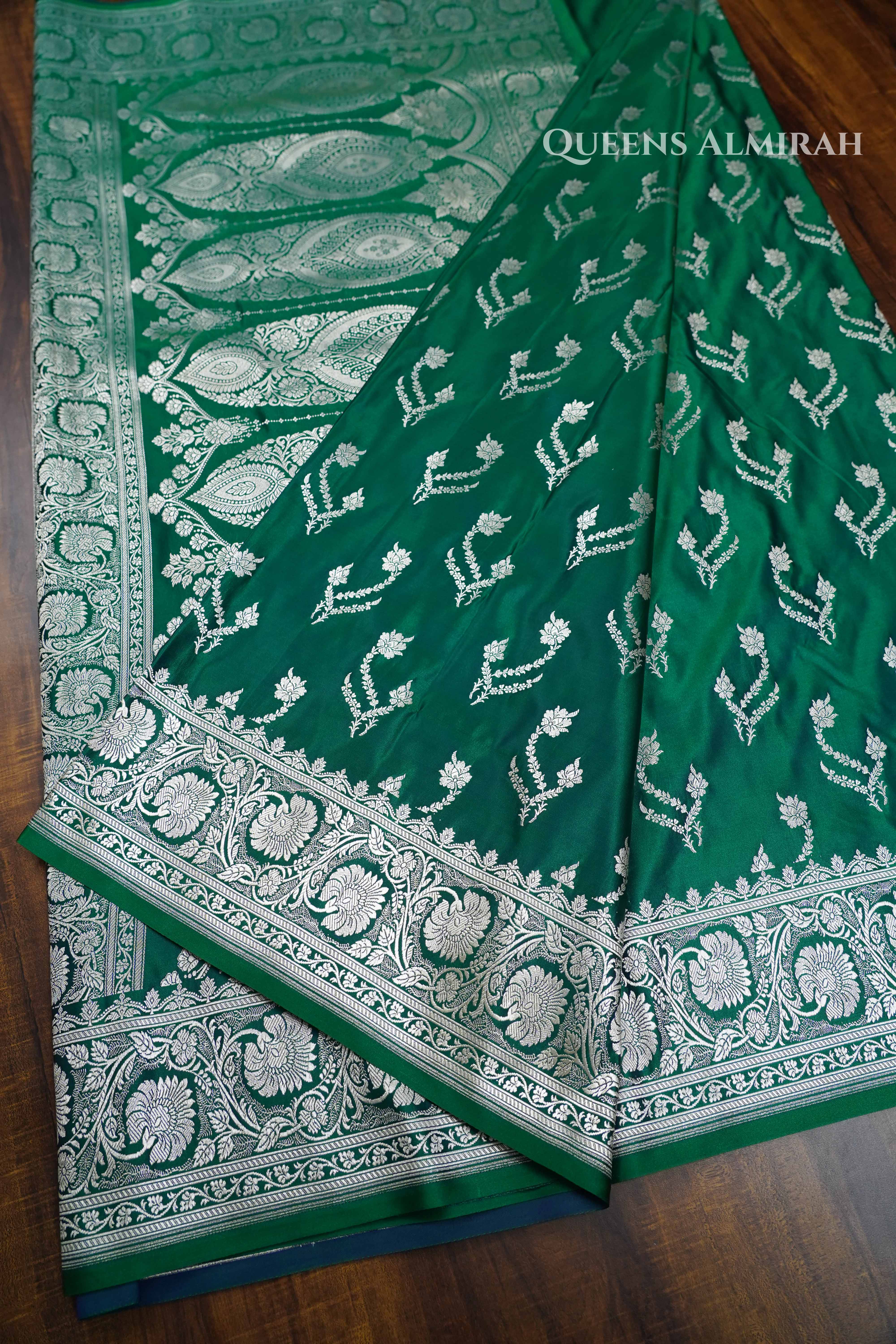 Dark Green Mushru  Banarasi Silk Saree QUEENS ALMIRAH