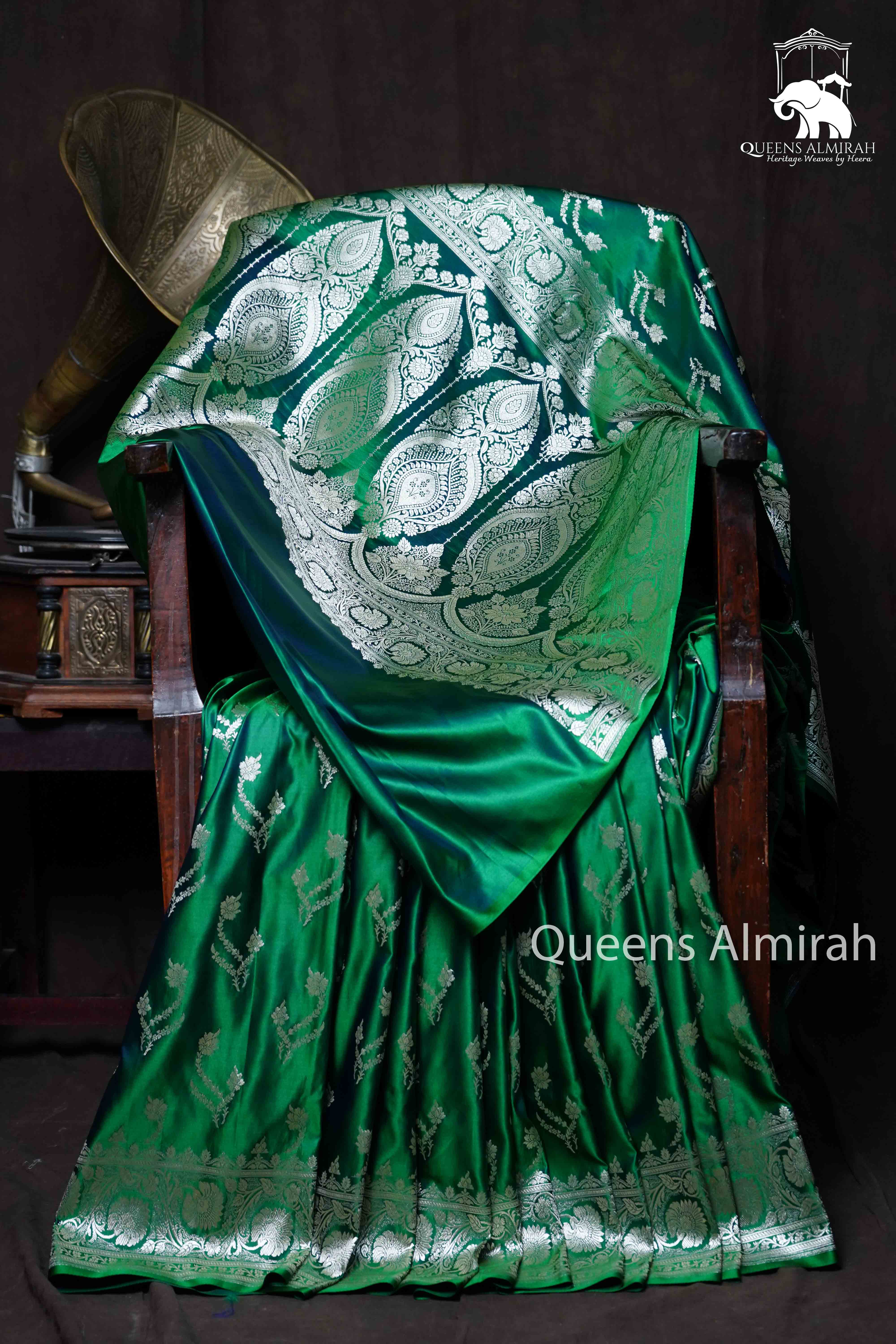 Dark Green Mushru  Banarasi Silk Saree - Queens Jewel Emporium