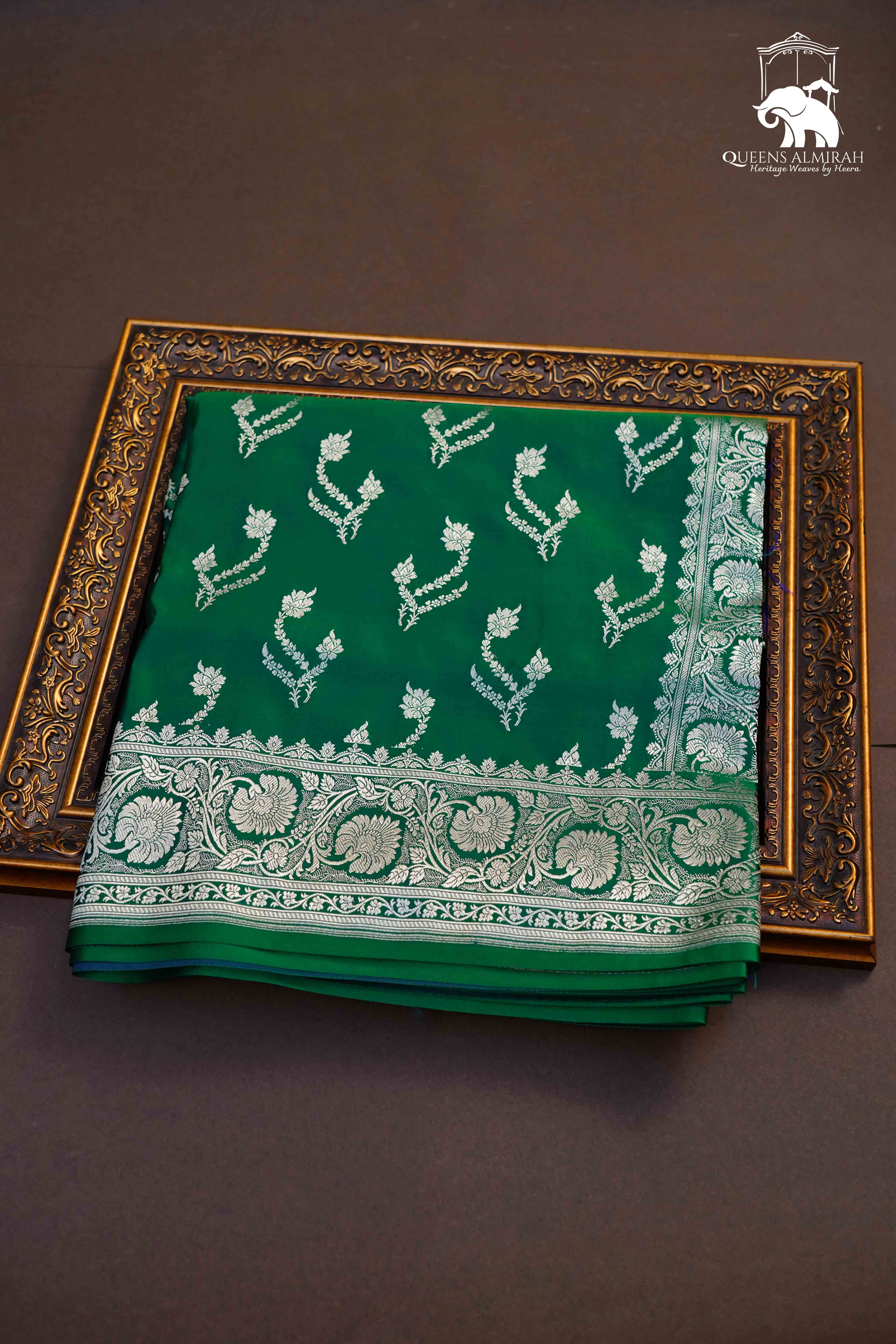 Dark Green Mushru  Banarasi Silk Saree - Queens Jewel Emporium