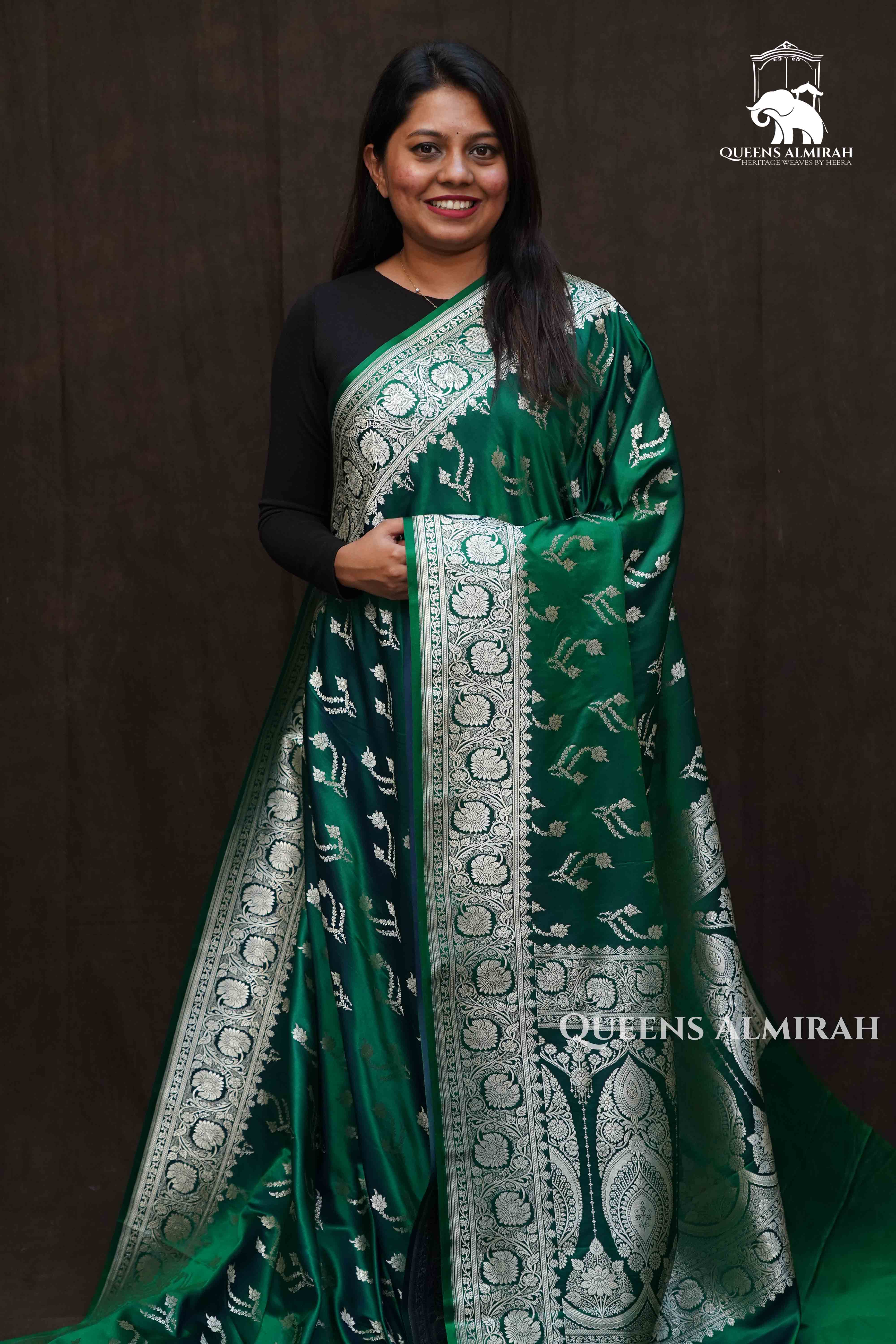 Dark Green Mushru  Banarasi Silk Saree - Queens Jewel Emporium