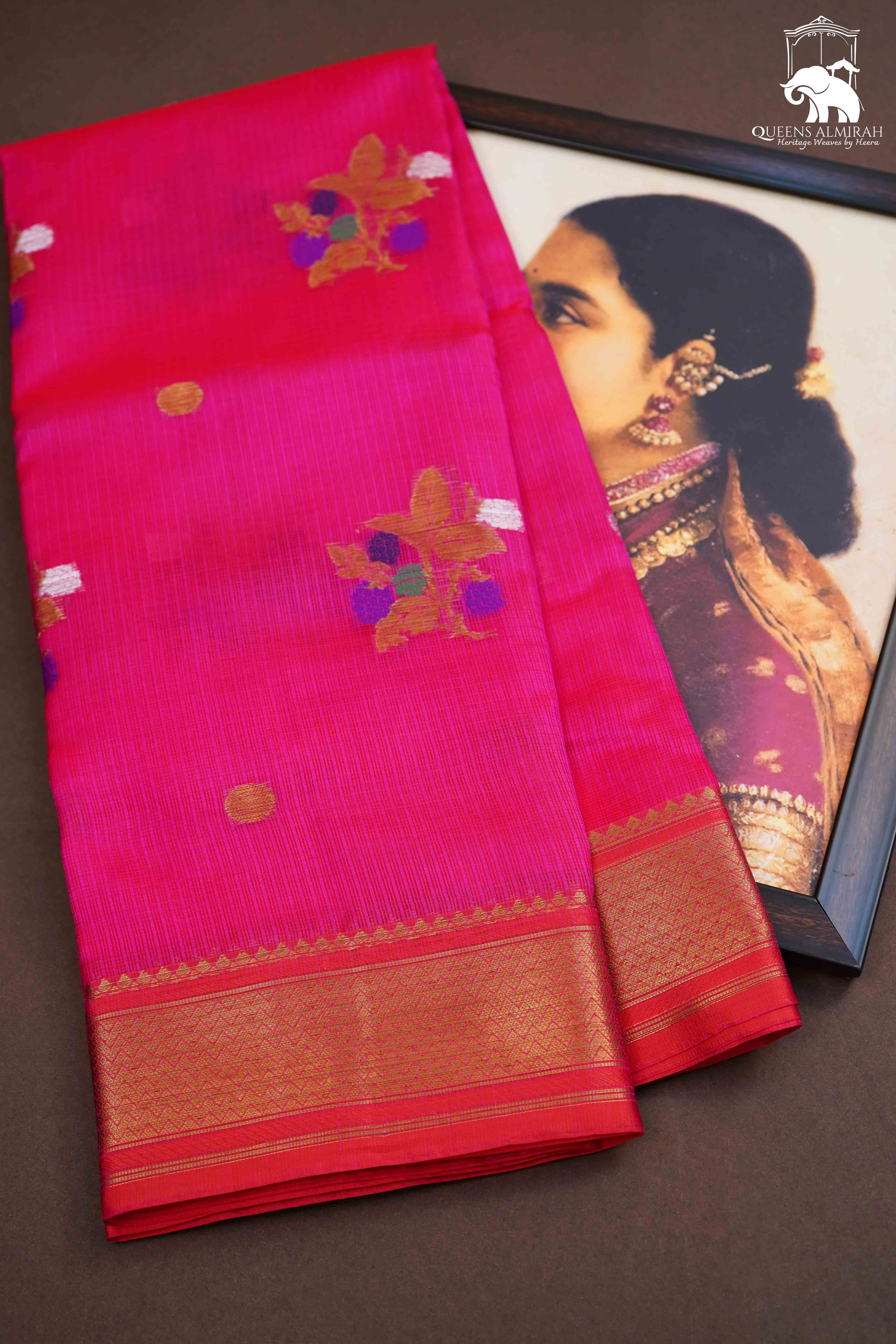 DARK HOT PINK PURE KOTA SILK SAREE - Queens Jewel Emporium