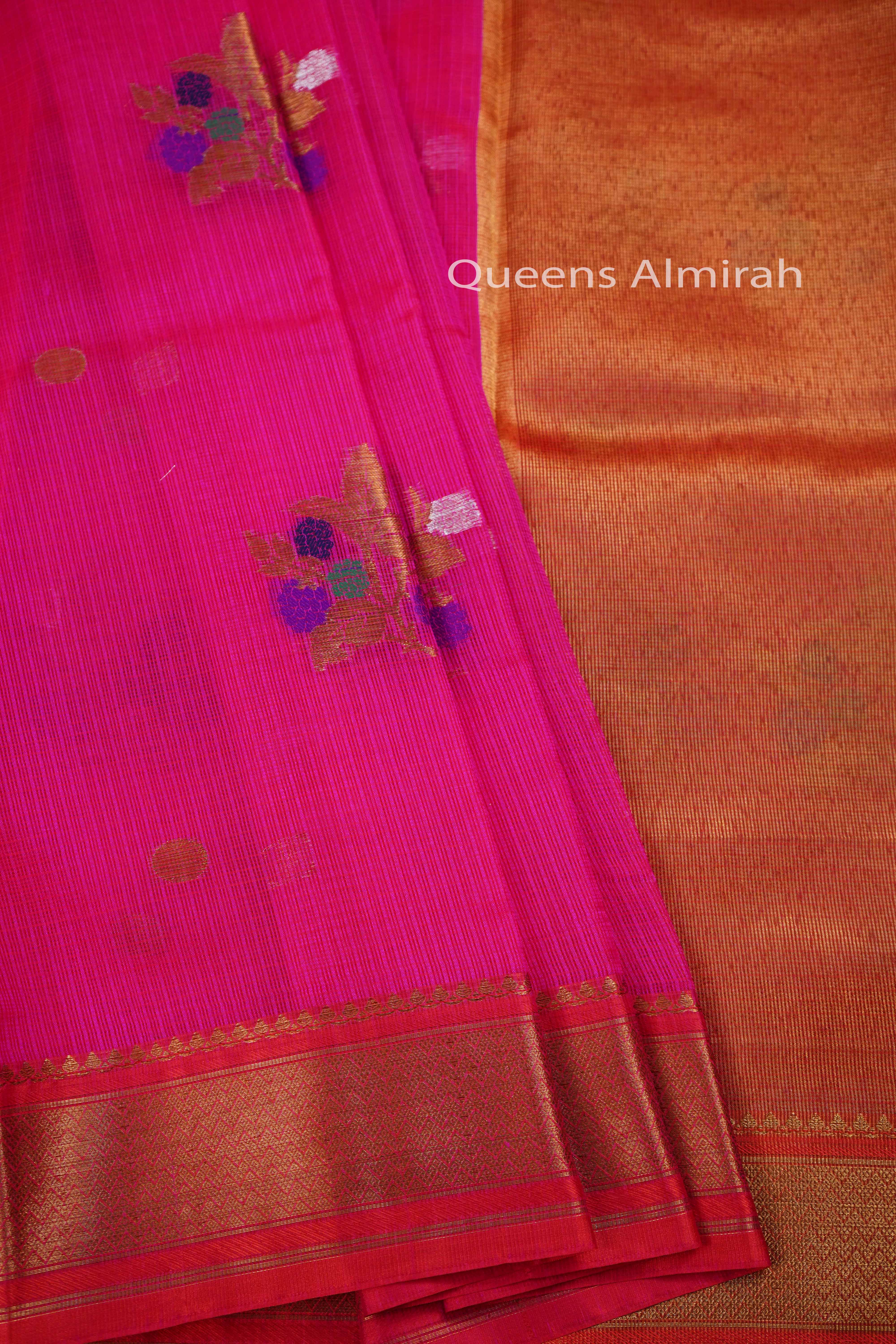 DARK HOT PINK PURE KOTA SILK SAREE - Queens Jewel Emporium