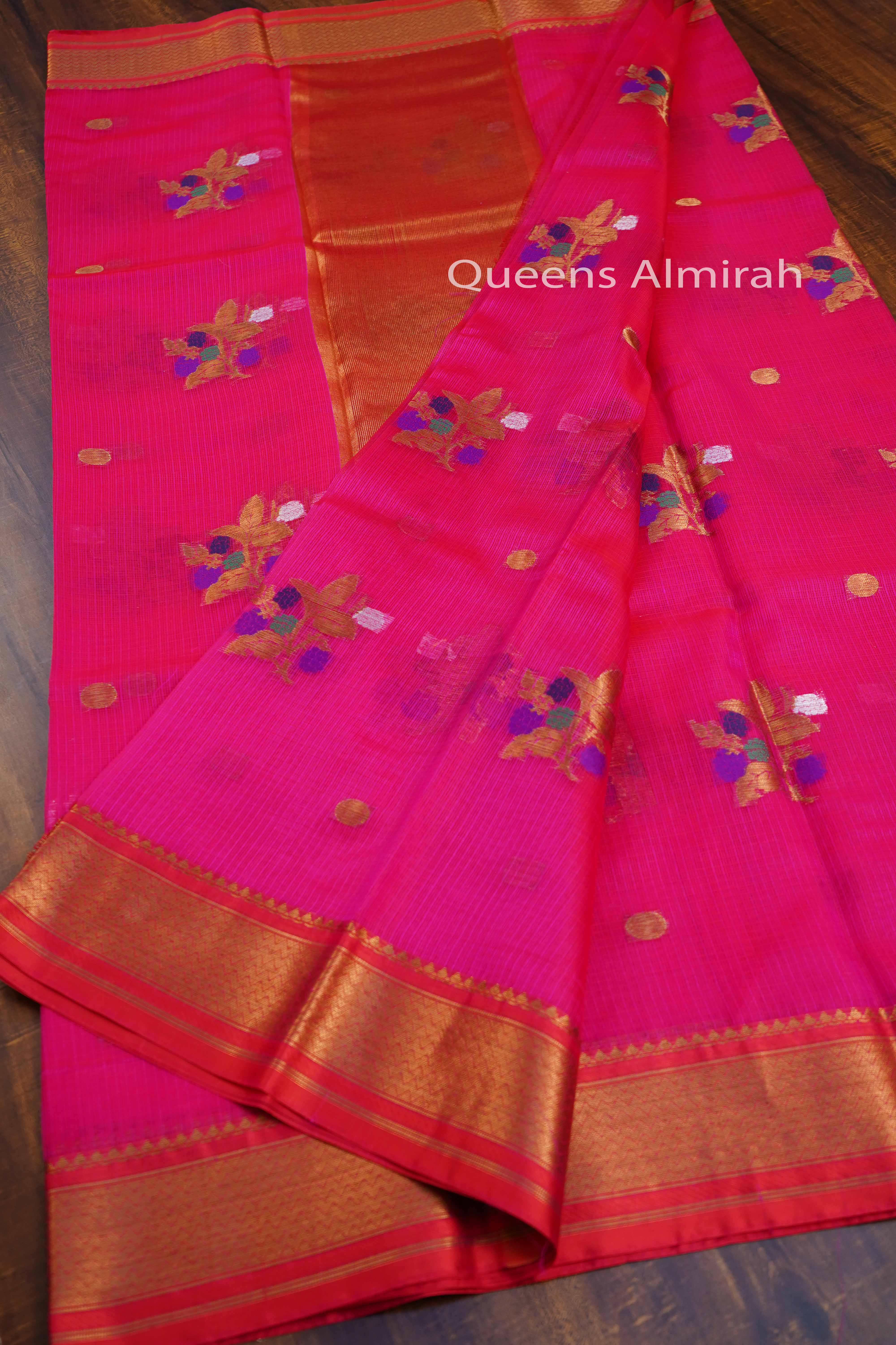 DARK HOT PINK PURE KOTA SILK SAREE - Queens Jewel Emporium