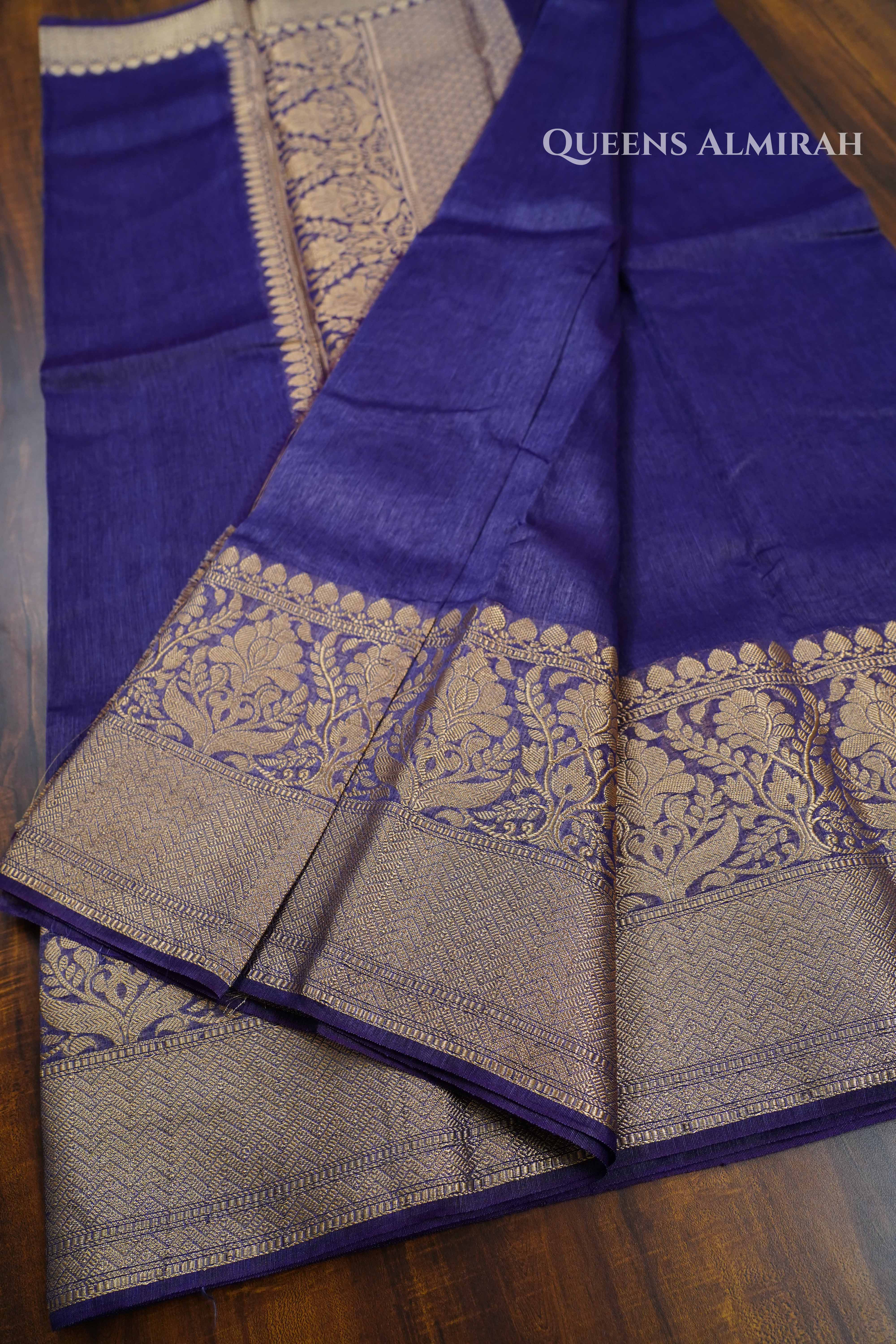 Dark Indigo Banarasi Linen Saree QUEENS ALMIRAH