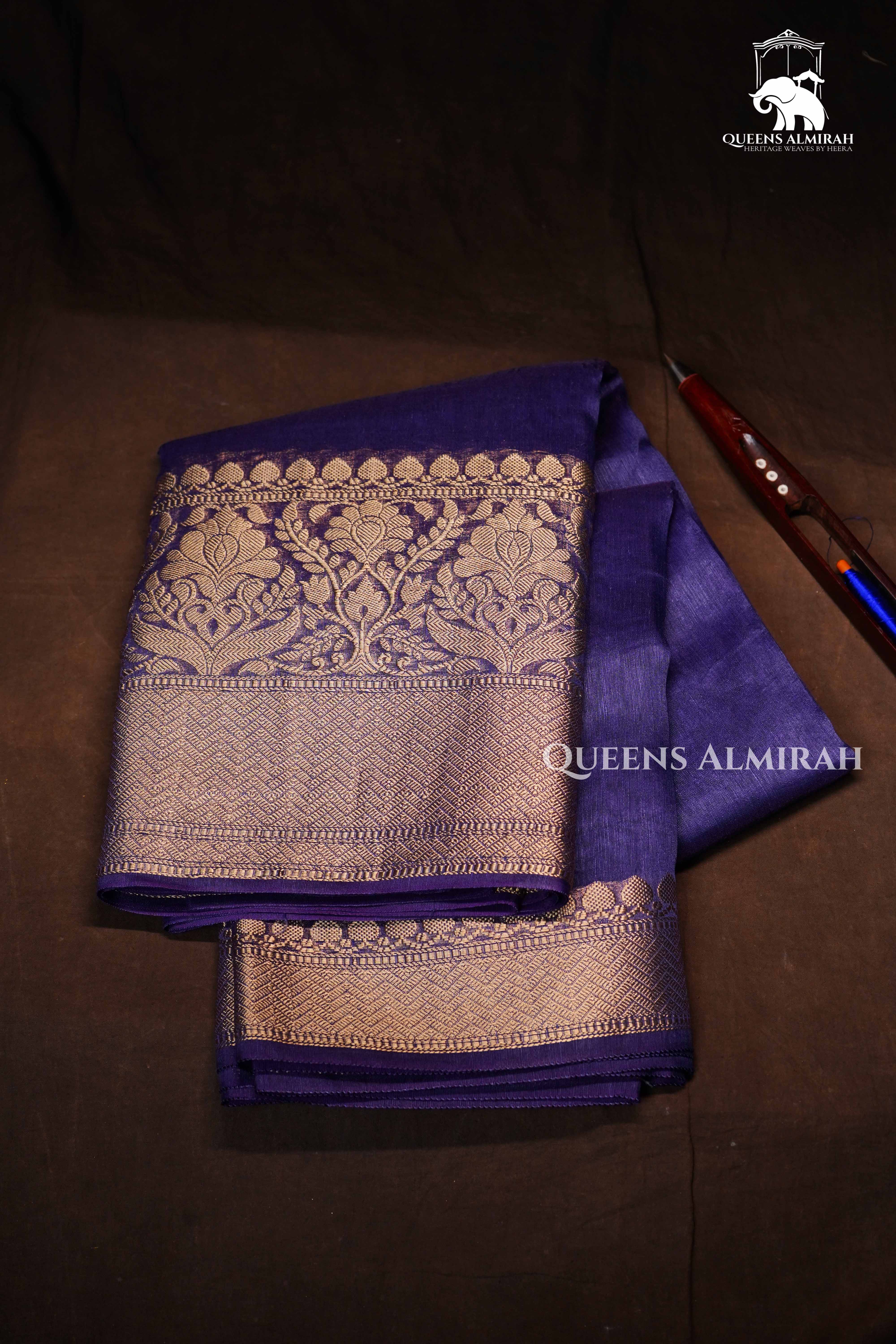 Dark Indigo Banarasi Linen Saree QUEENS ALMIRAH