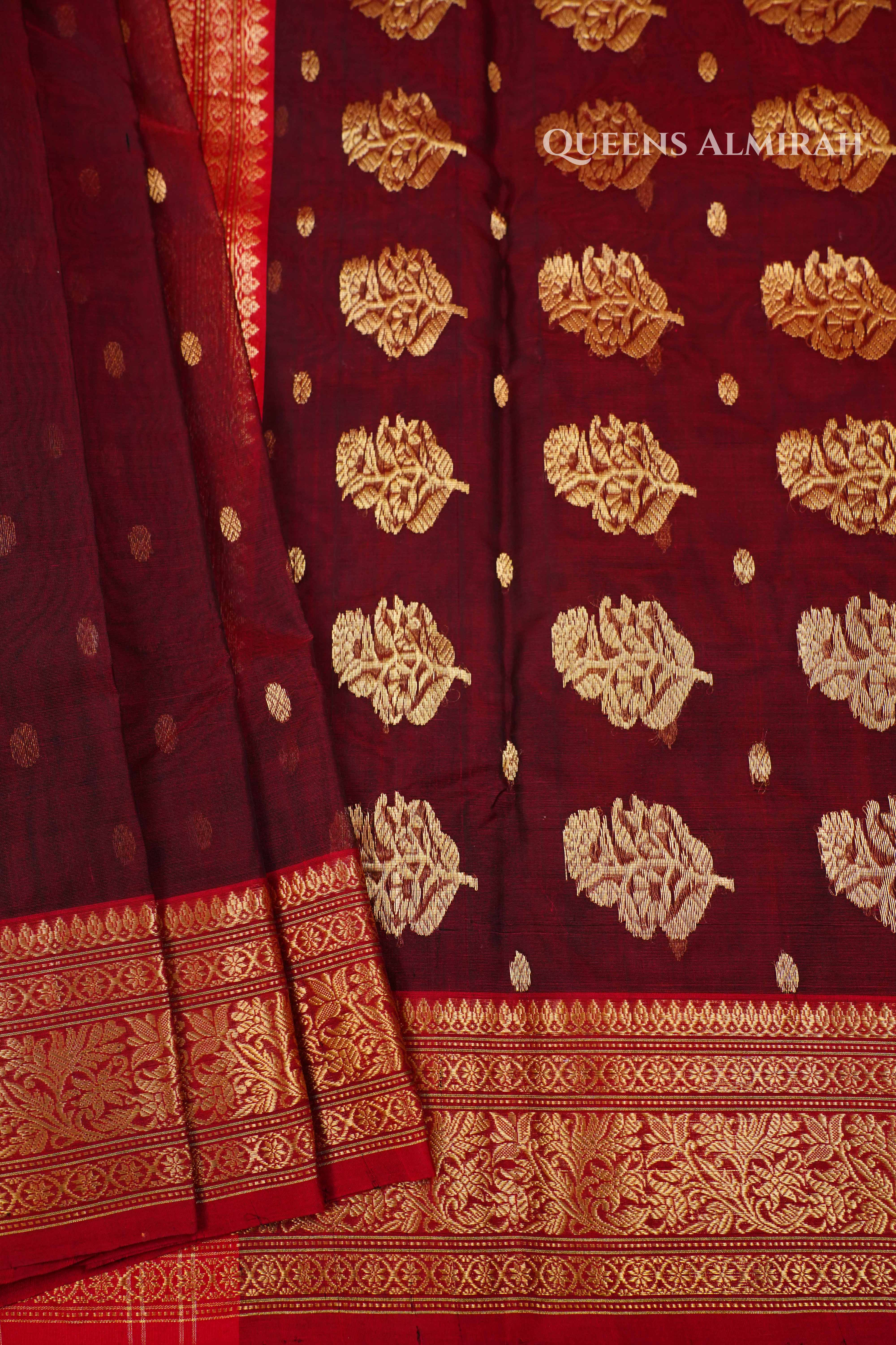 Dark Maroon Chanderi Katan Silk Handloom Saree QUEENS ALMIRAH