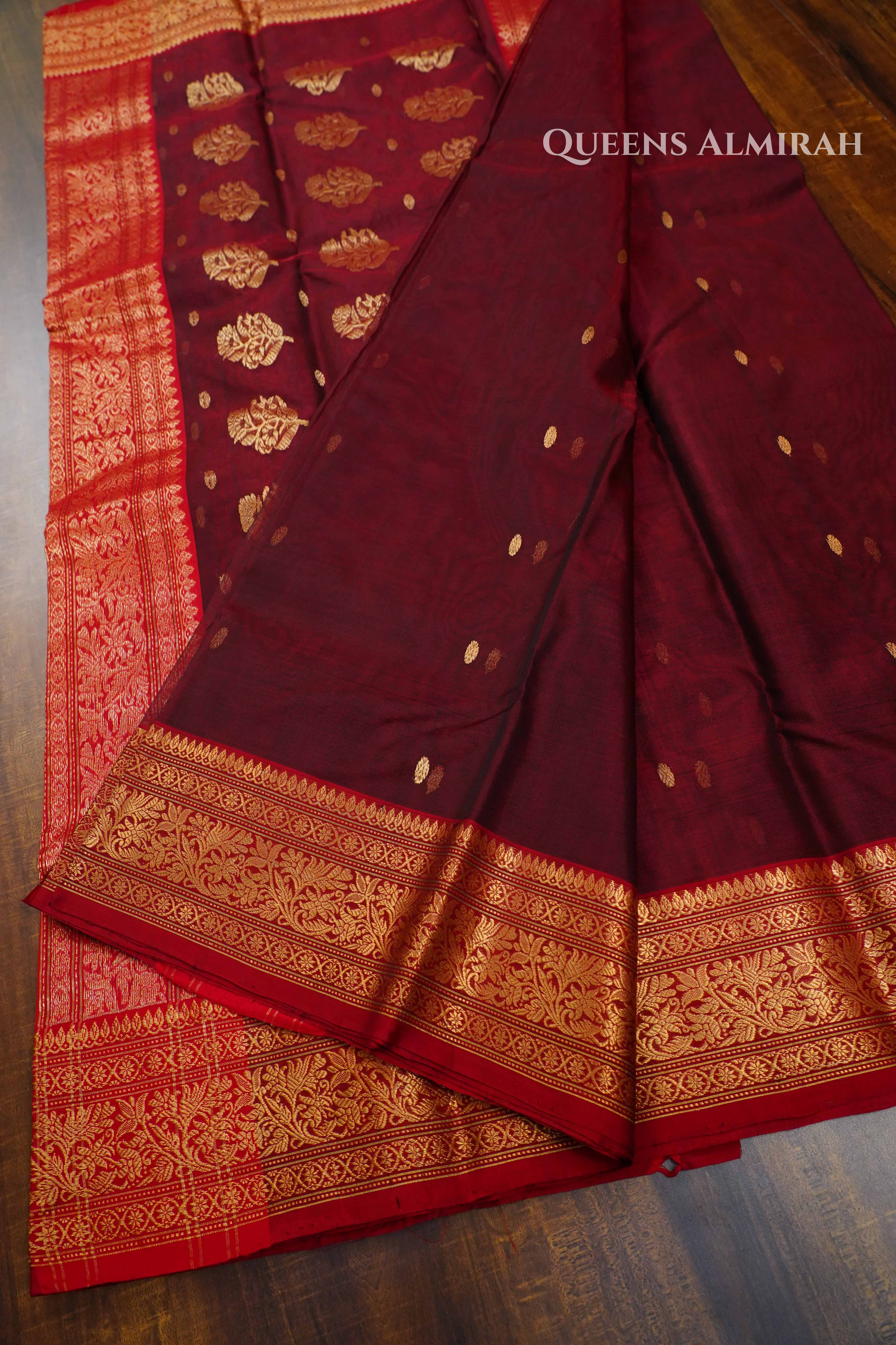 Dark Maroon Chanderi Katan Silk Handloom Saree QUEENS ALMIRAH