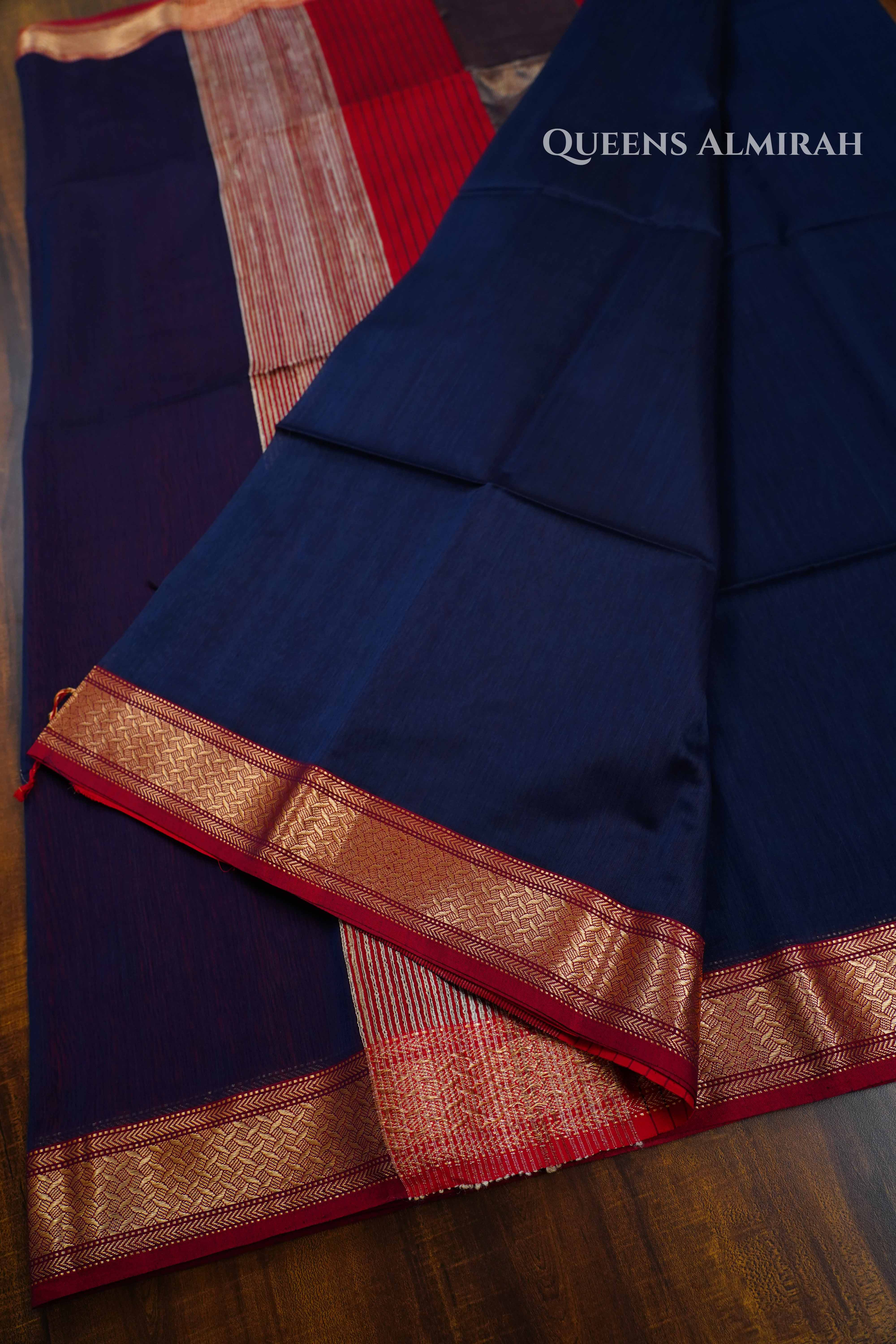 Dark Navy Blue Maheshwari Silk Cotton Saree QUEENS ALMIRAH