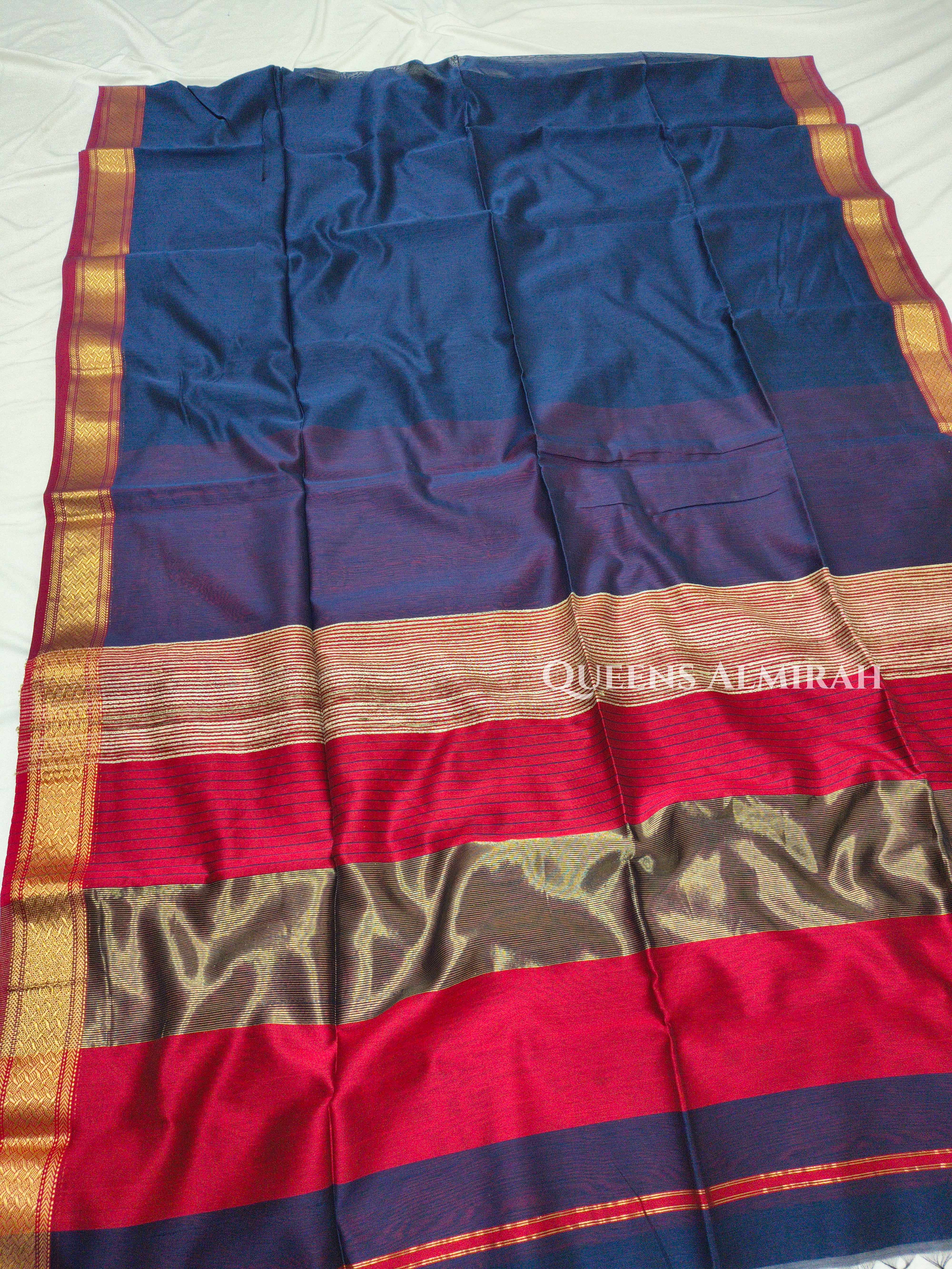 Dark Navy Blue Maheshwari Silk Cotton Saree QUEENS ALMIRAH