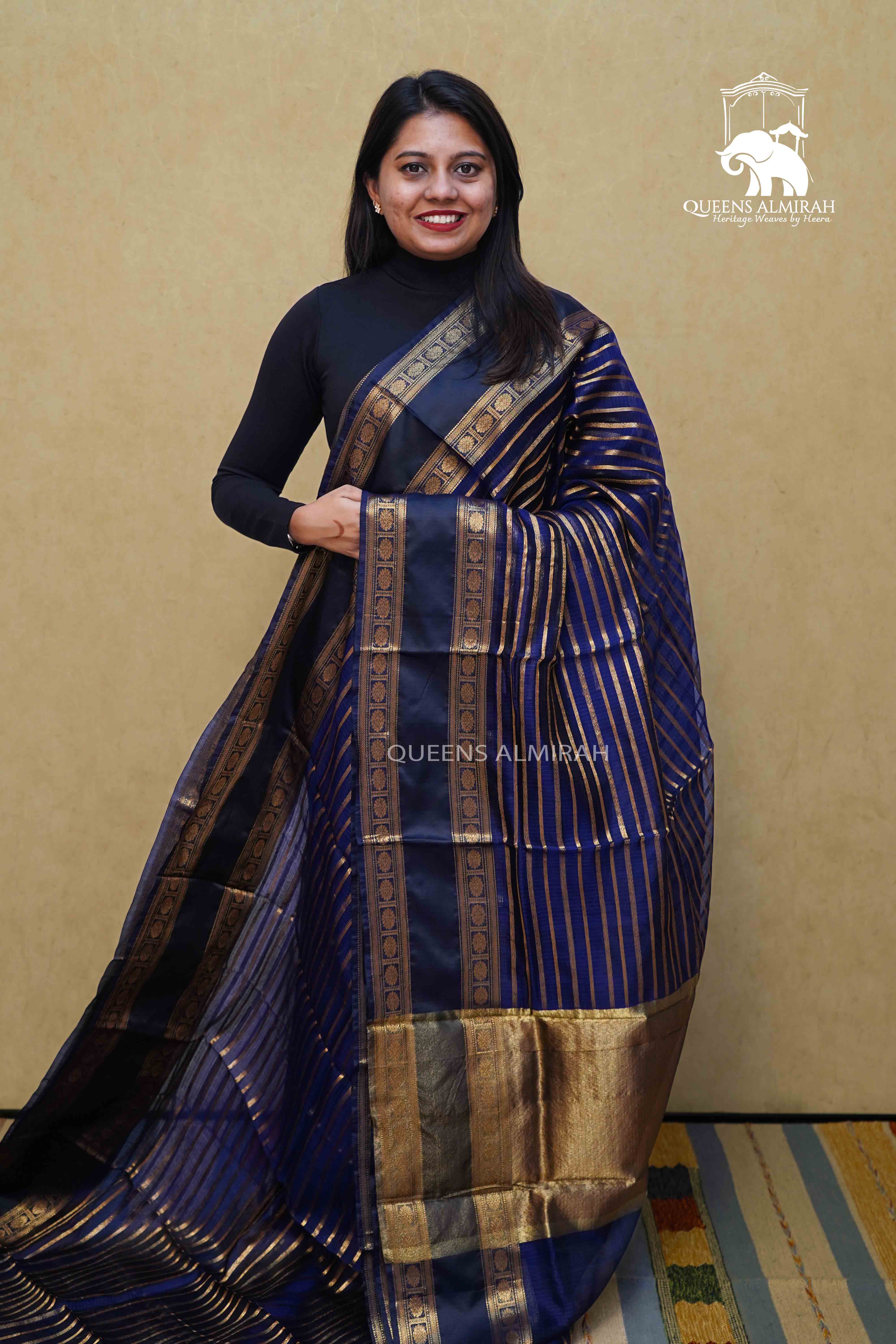 DARK NAVY WITH WOVEN BORDER KOTA SILK SAREE - Queens Jewel Emporium