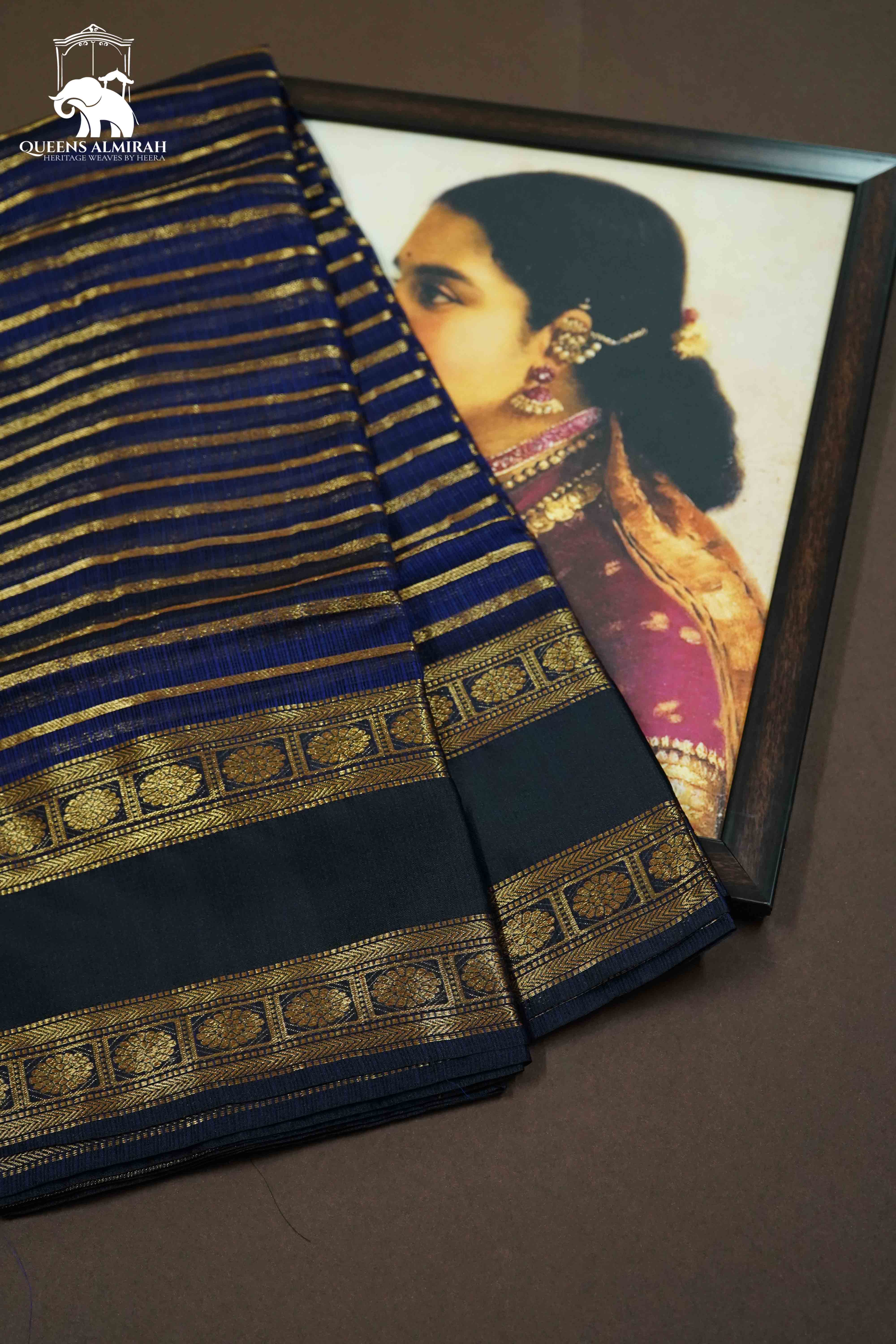 DARK NAVY WITH WOVEN BORDER KOTA SILK SAREE - Queens Jewel Emporium