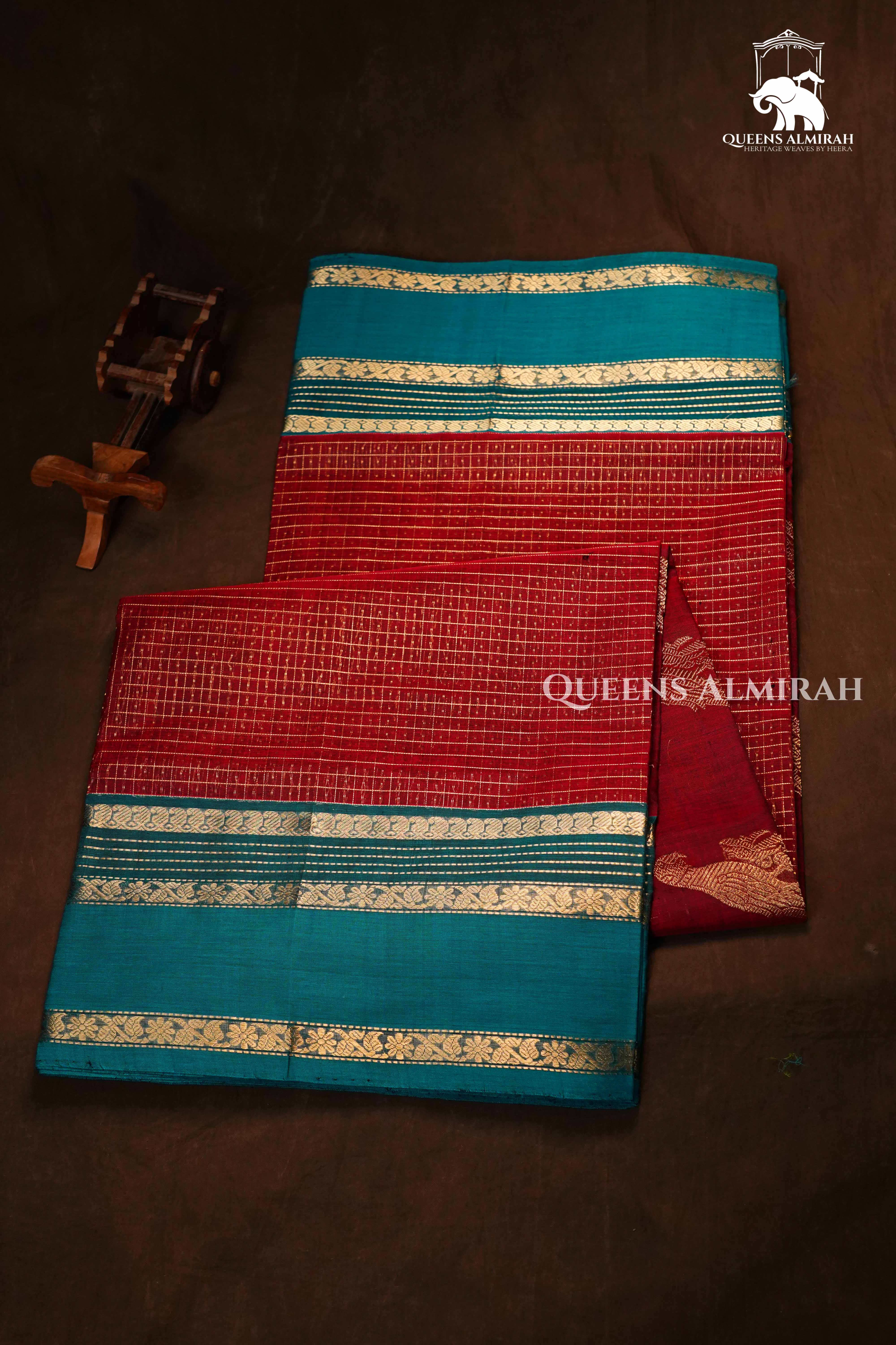 Dark Red-Karaikudi Chettinad Silk Cotton Saree QUEENS ALMIRAH