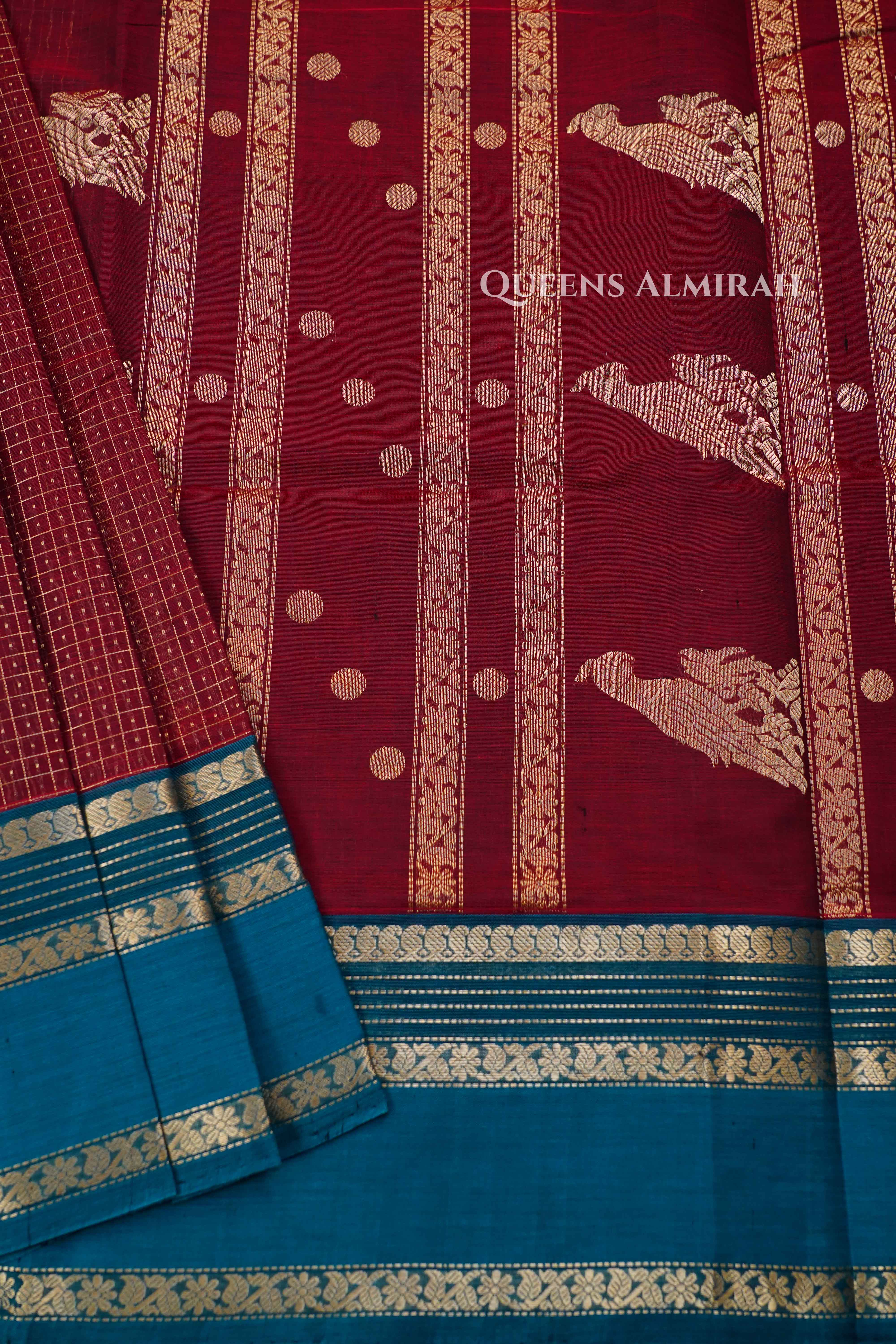Dark Red-Karaikudi Chettinad Silk Cotton Saree QUEENS ALMIRAH