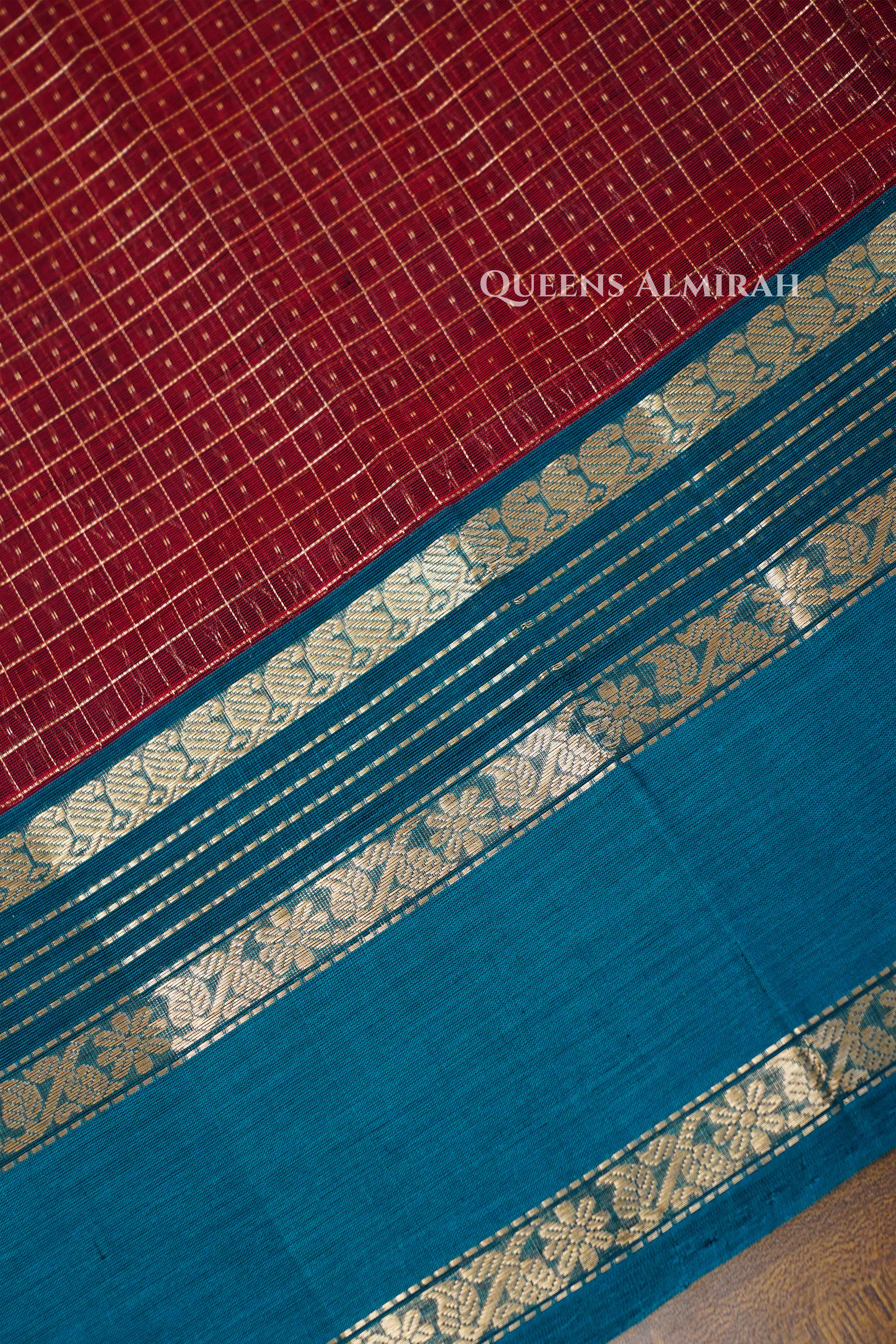 Dark Red-Karaikudi Chettinad Silk Cotton Saree QUEENS ALMIRAH