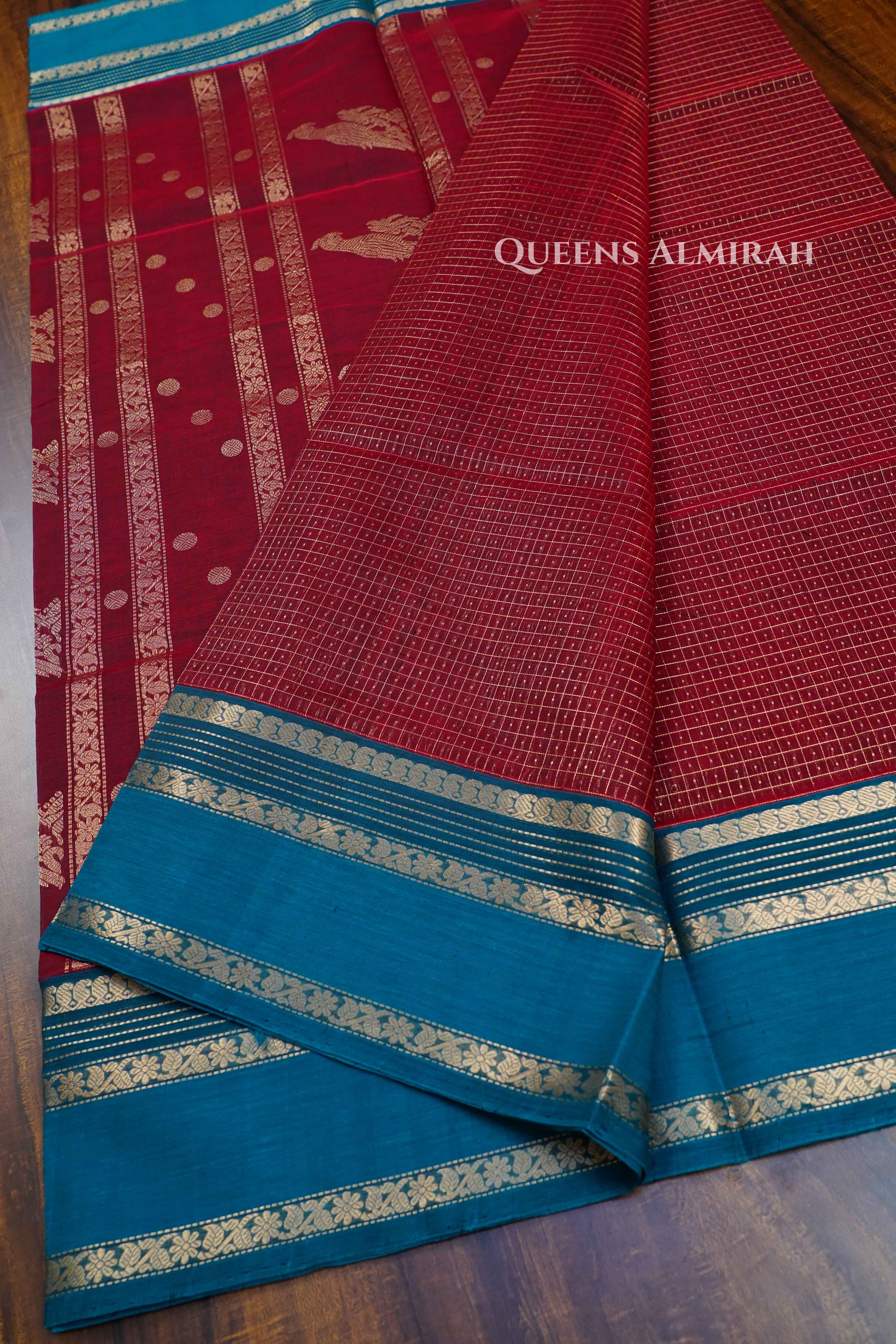 Dark Red-Karaikudi Chettinad Silk Cotton Saree QUEENS ALMIRAH