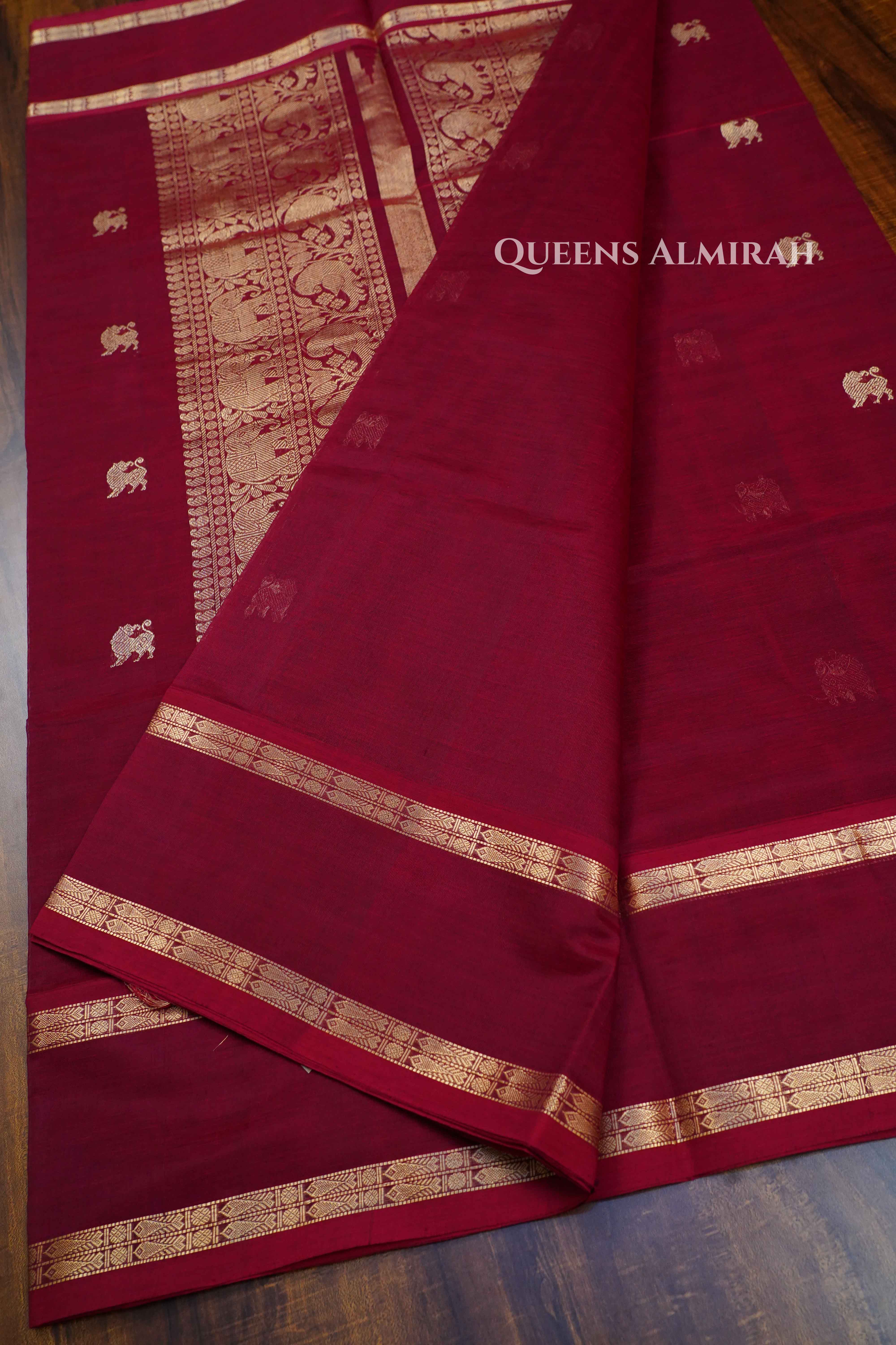 Dark Red-Karaikudi Chettinad Silk Cotton Saree Queens Jewel Emporium