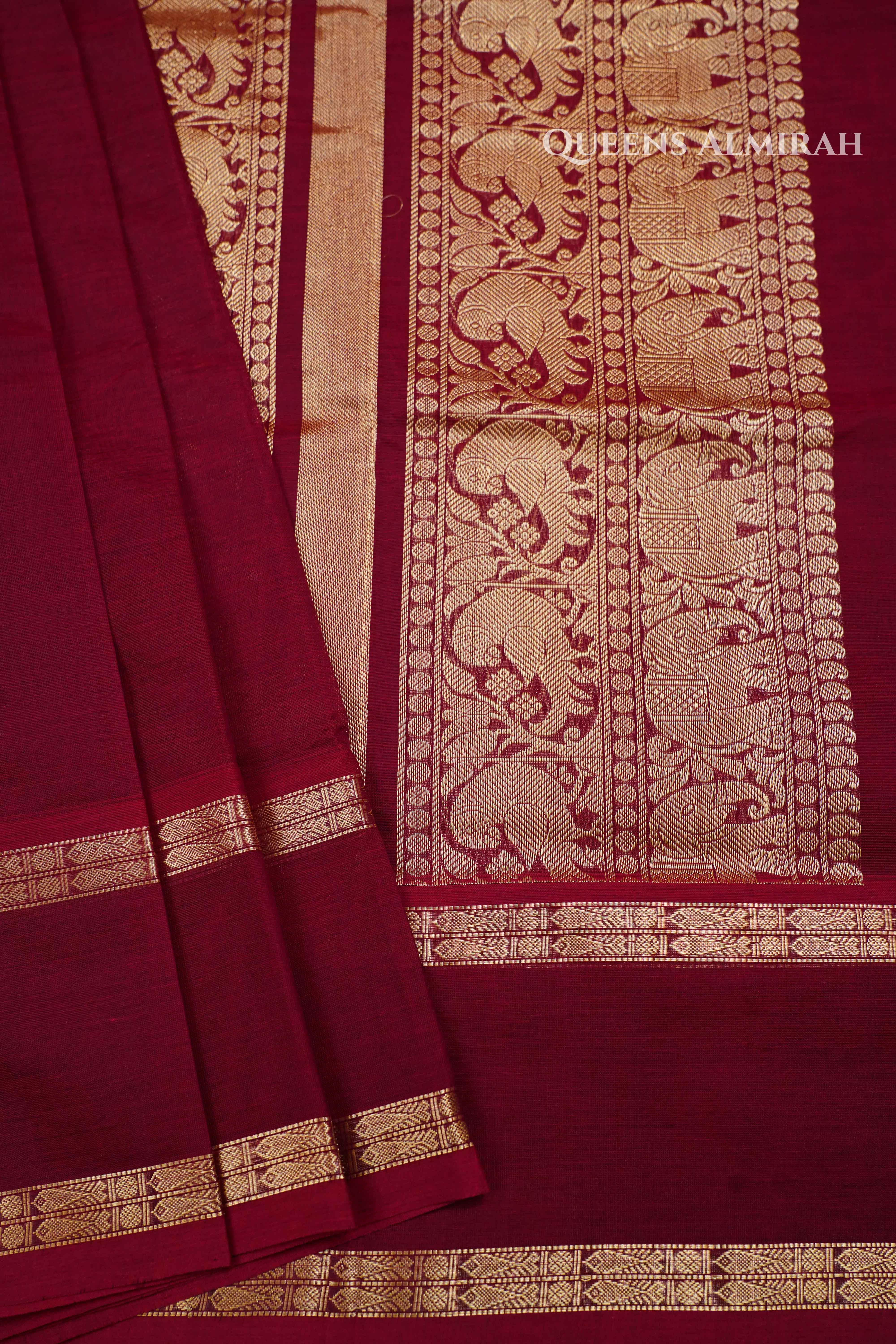Dark Red-Karaikudi Chettinad Silk Cotton Saree Queens Jewel Emporium