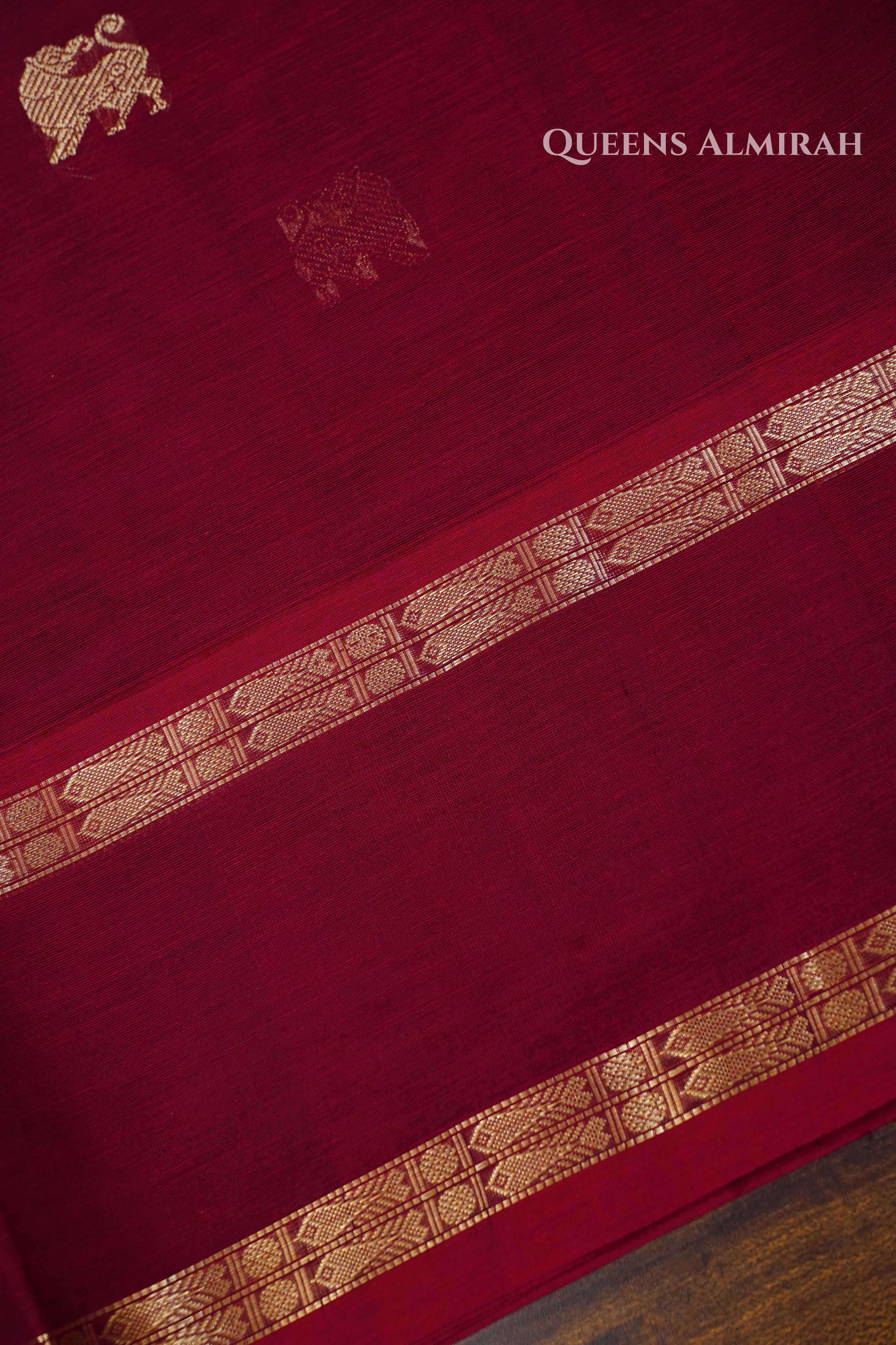 Dark Red-Karaikudi Chettinad Silk Cotton Saree Queens Jewel Emporium
