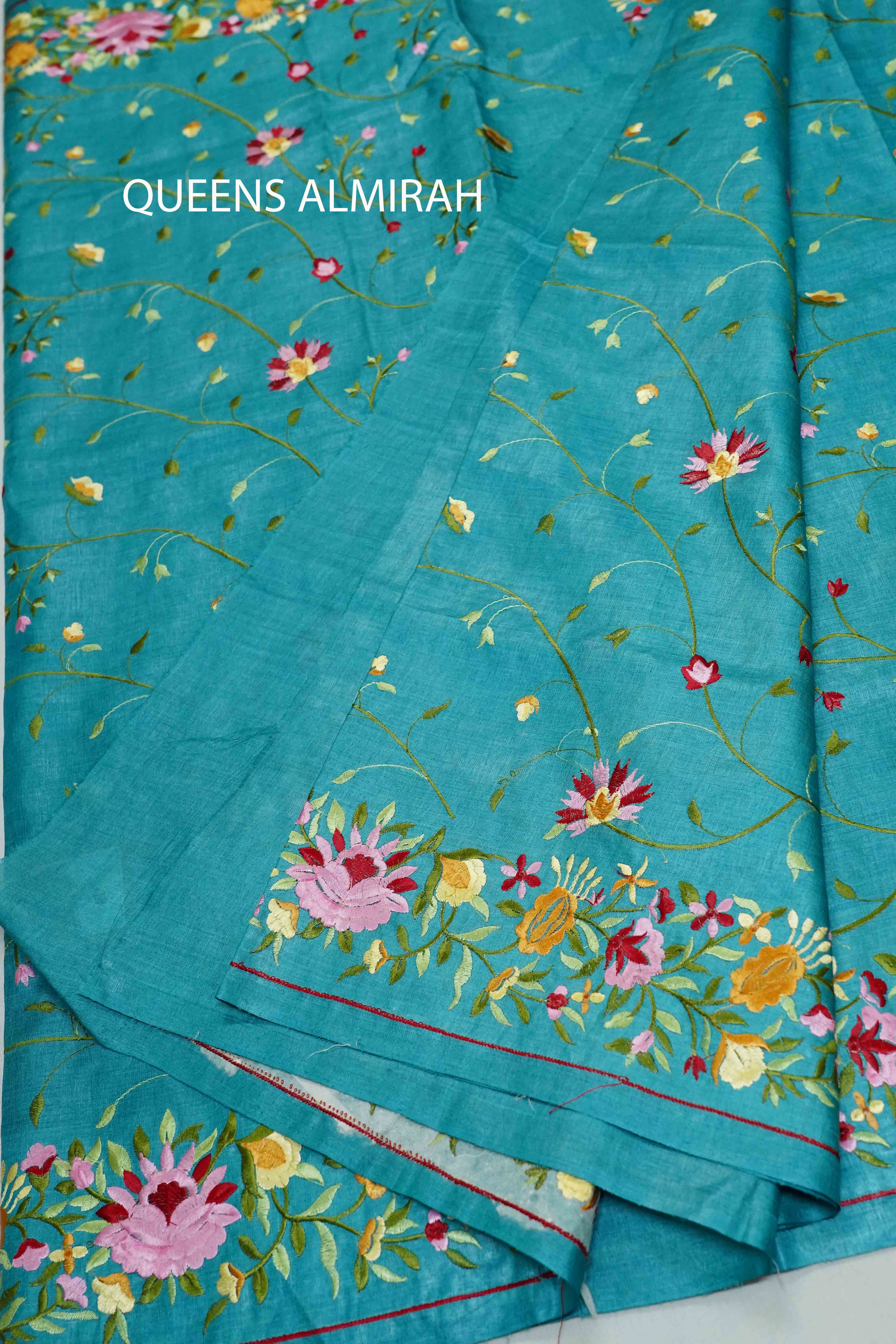 DEEP AQUA BLUE PURE TUSSUR SILK PARSI EMBROIDERY SAREE - Queens Jewel Emporium