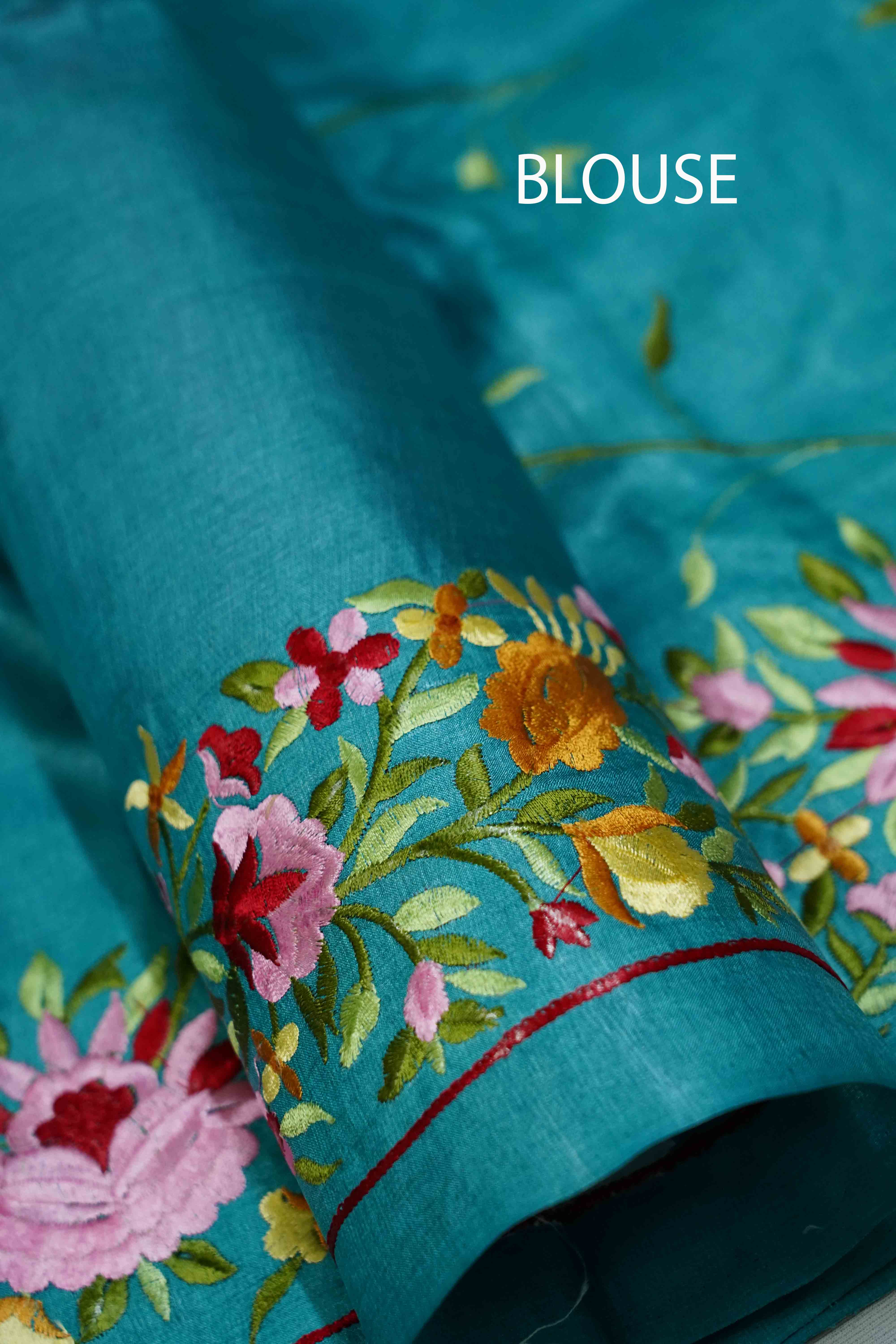 DEEP AQUA BLUE PURE TUSSUR SILK PARSI EMBROIDERY SAREE - Queens Jewel Emporium