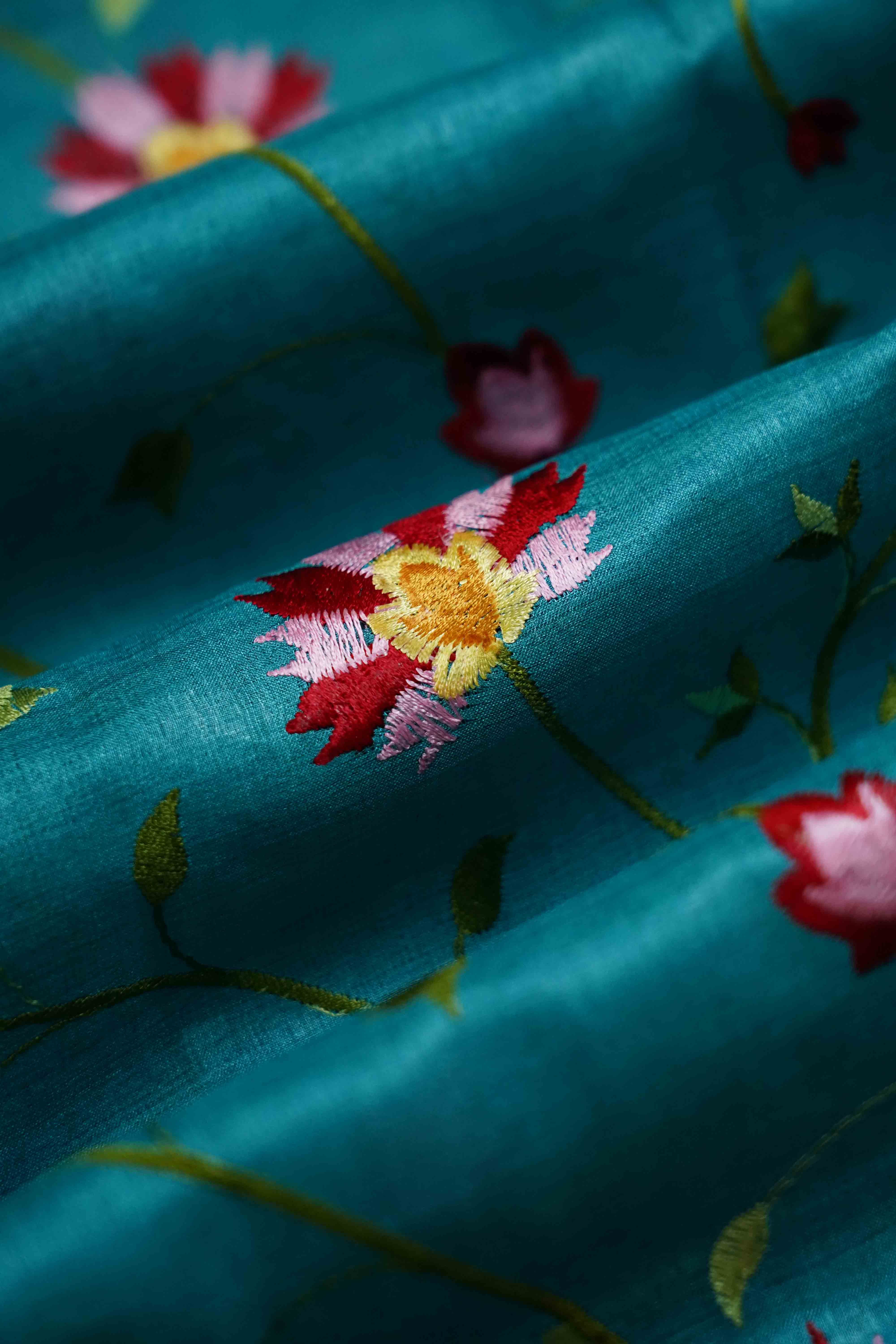 DEEP AQUA BLUE PURE TUSSUR SILK PARSI EMBROIDERY SAREE - Queens Jewel Emporium
