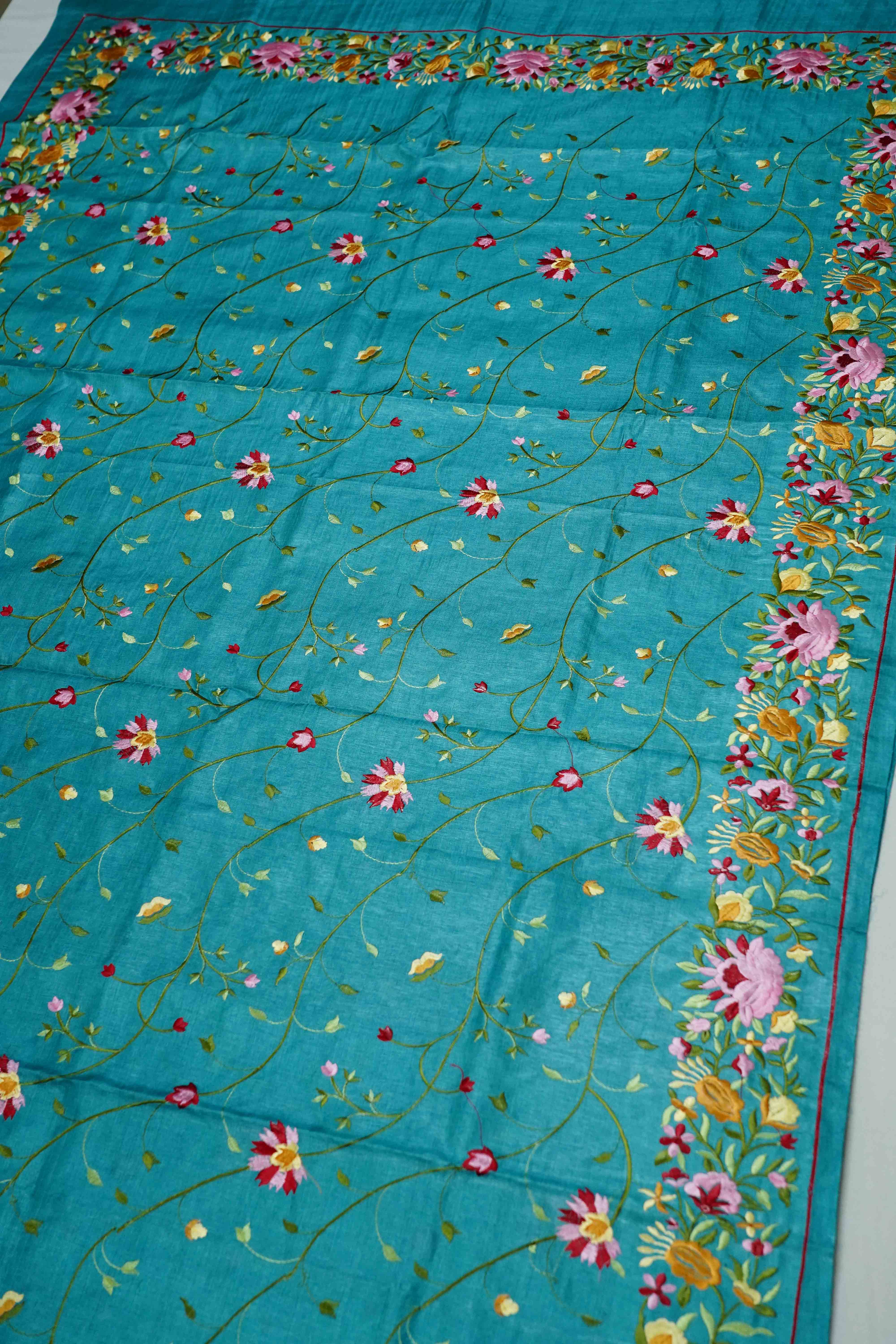 DEEP AQUA BLUE PURE TUSSUR SILK PARSI EMBROIDERY SAREE - Queens Jewel Emporium