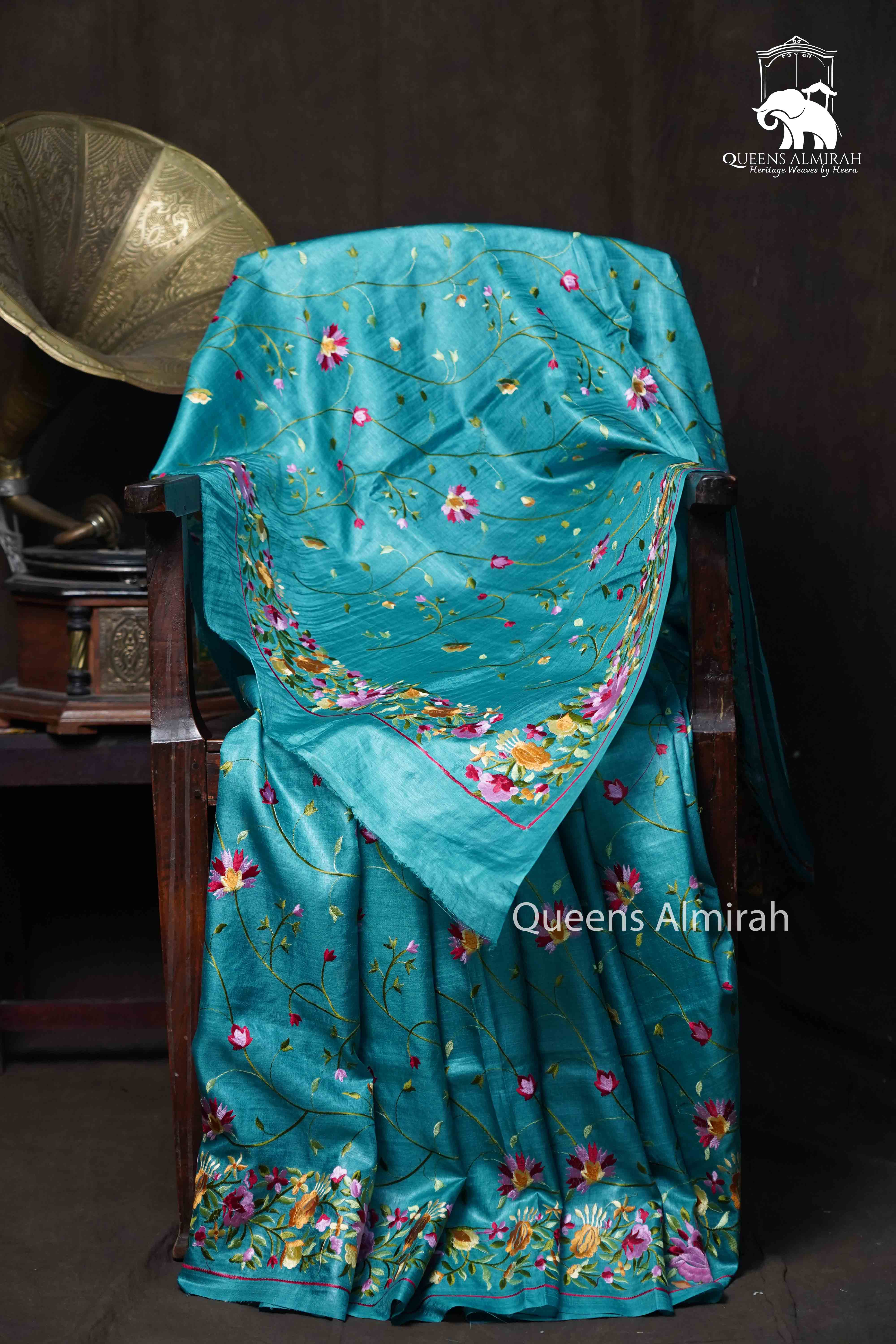 Deep Aqua Blue Pure Tssar Silk Parsi Embroidery Saree - Queens Jewel Emporium