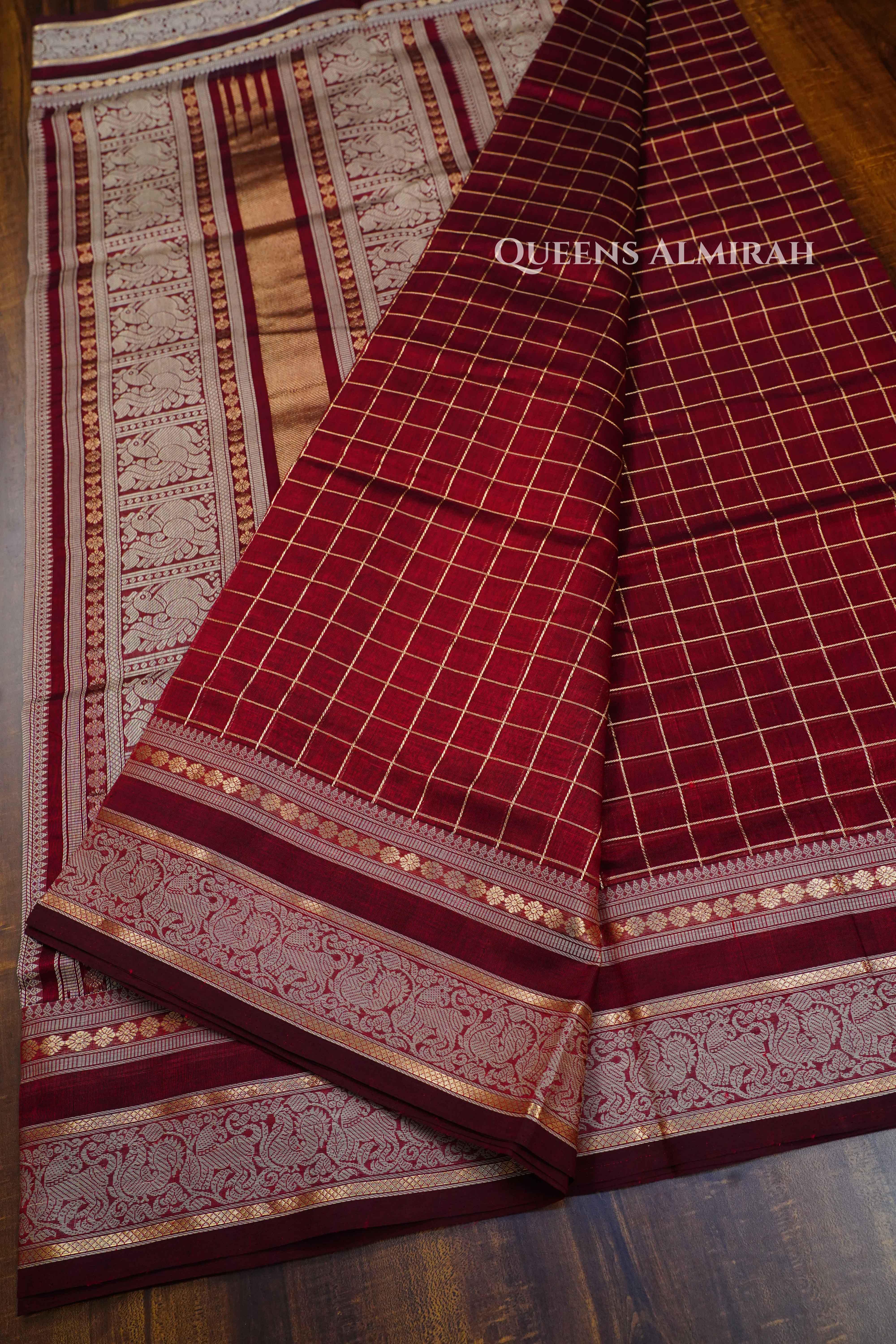 Deep Maroon -Karaikudi Chettinad Silk Cotton Saree QUEENS ALMIRAH