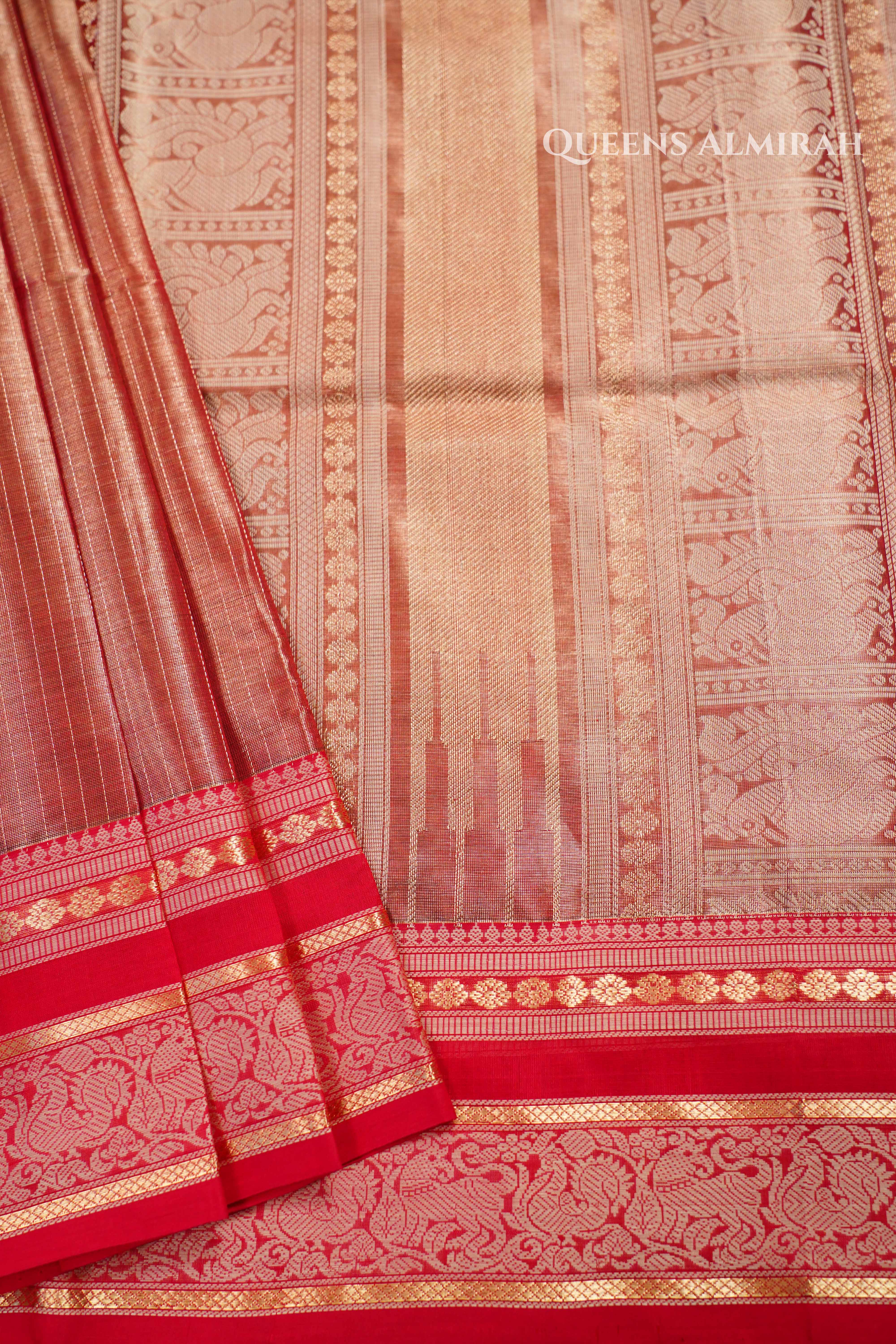 Dual Shade Of Golden Red Kanchi Silk Cotton Saree QUEENS ALMIRAH