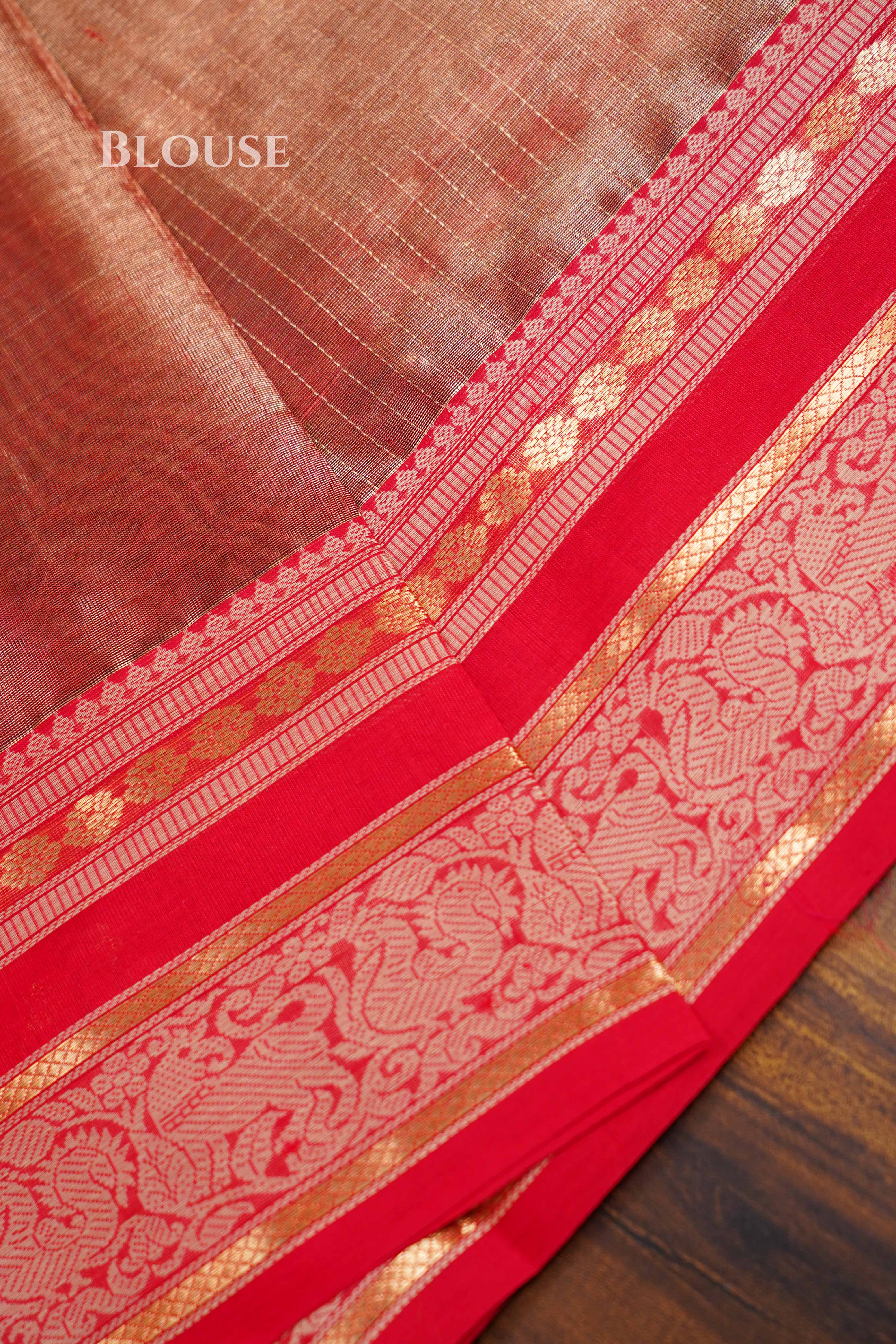 Dual Shade Of Golden Red Kanchi Silk Cotton Saree QUEENS ALMIRAH