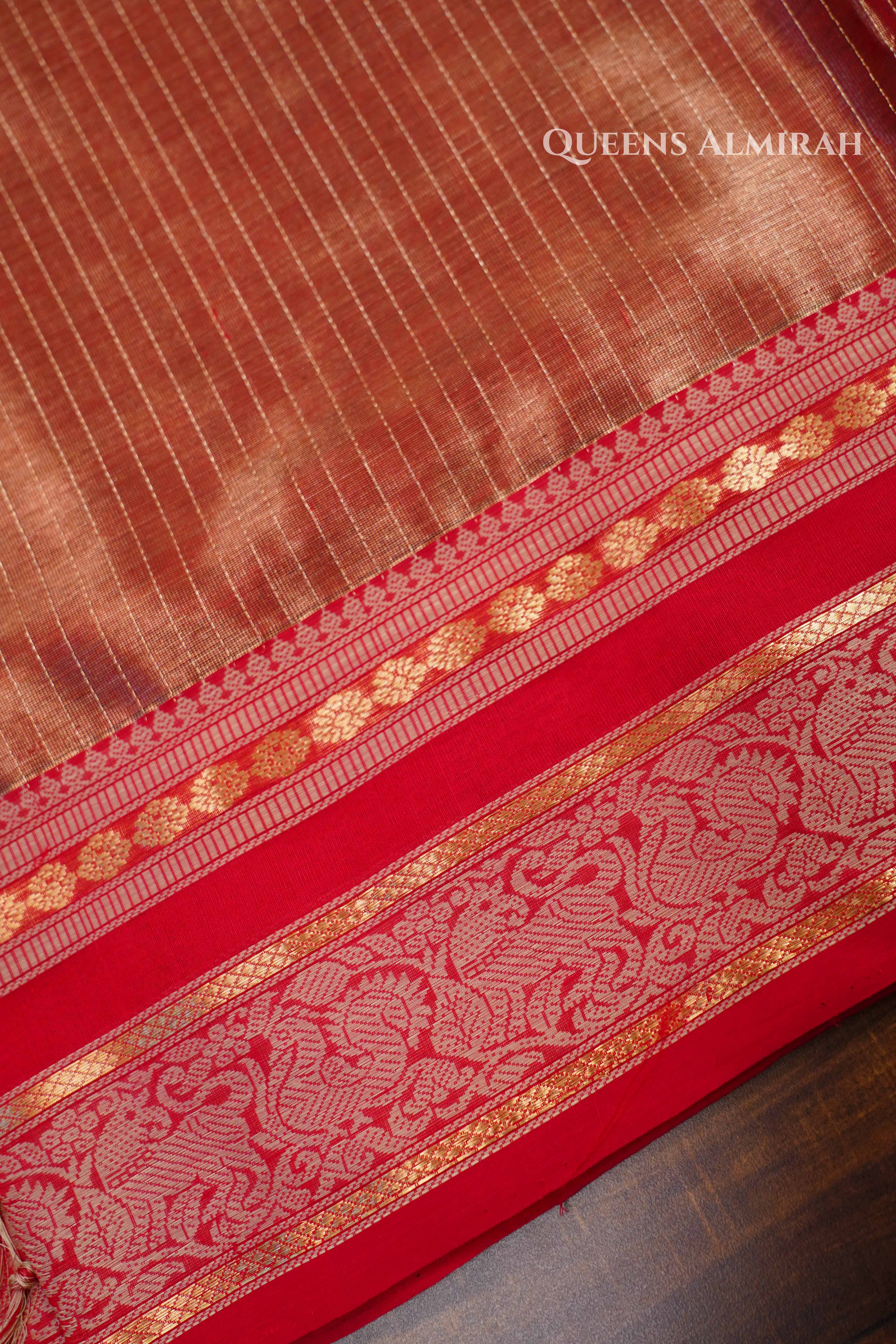Dual Shade Of Golden Red Kanchi Silk Cotton Saree QUEENS ALMIRAH